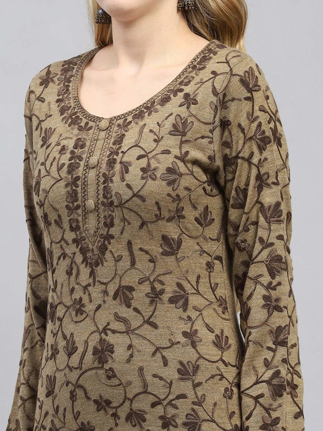 Women Beige Woven Design Round Neck Full Sleeve Winter Kurti - Image 6