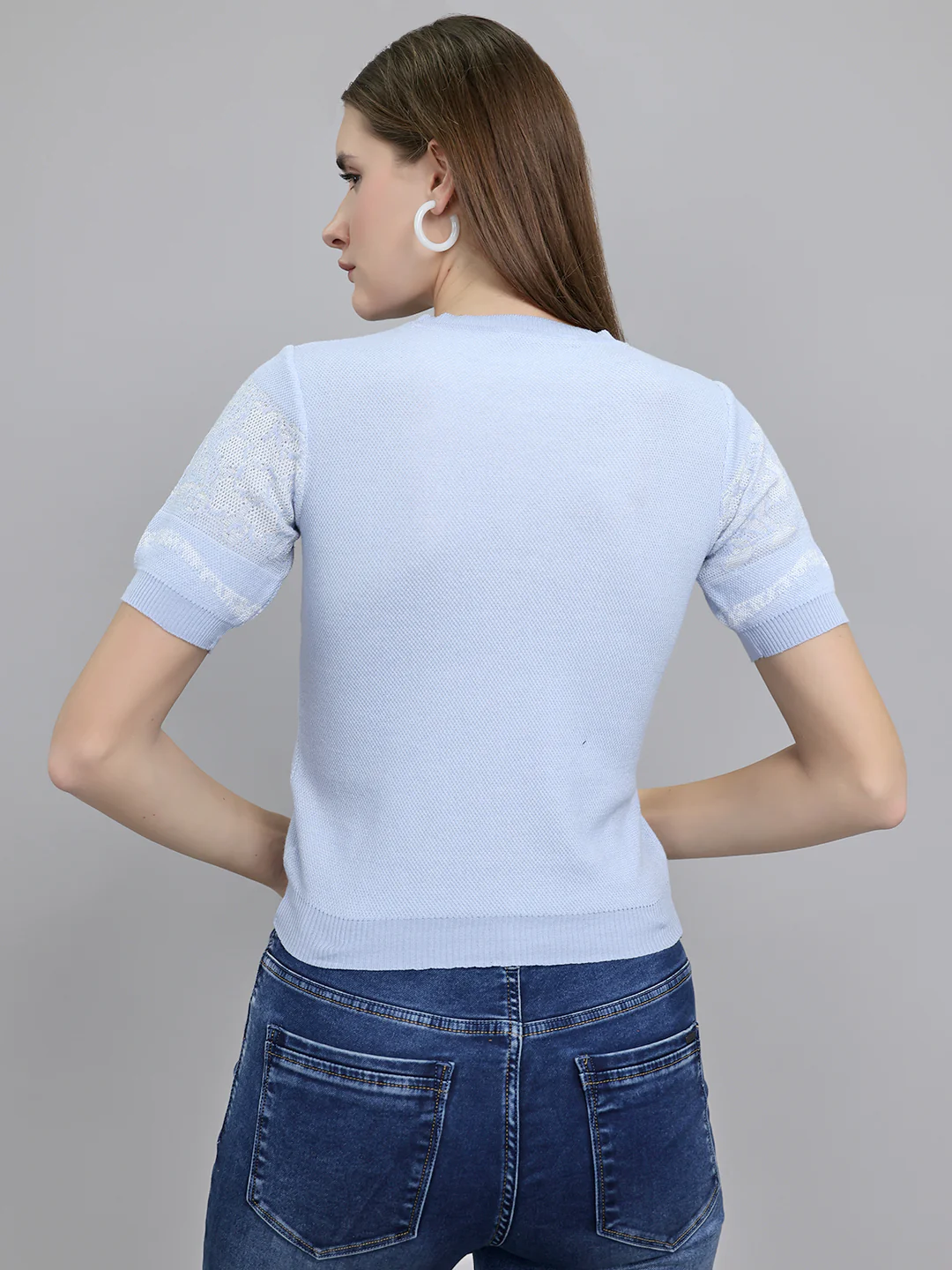 Women Light Blue Jacquard Round Neck Half Sleeve Top - Image 4
