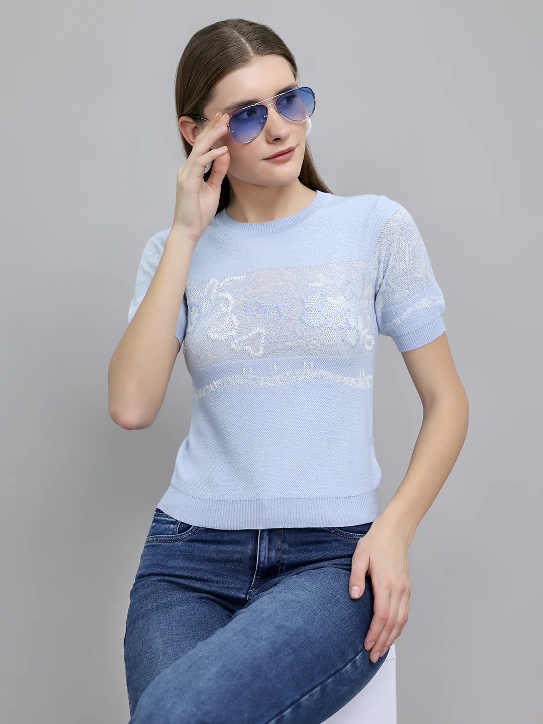 Women Light Blue Jacquard Round Neck Half Sleeve Top - Image 6