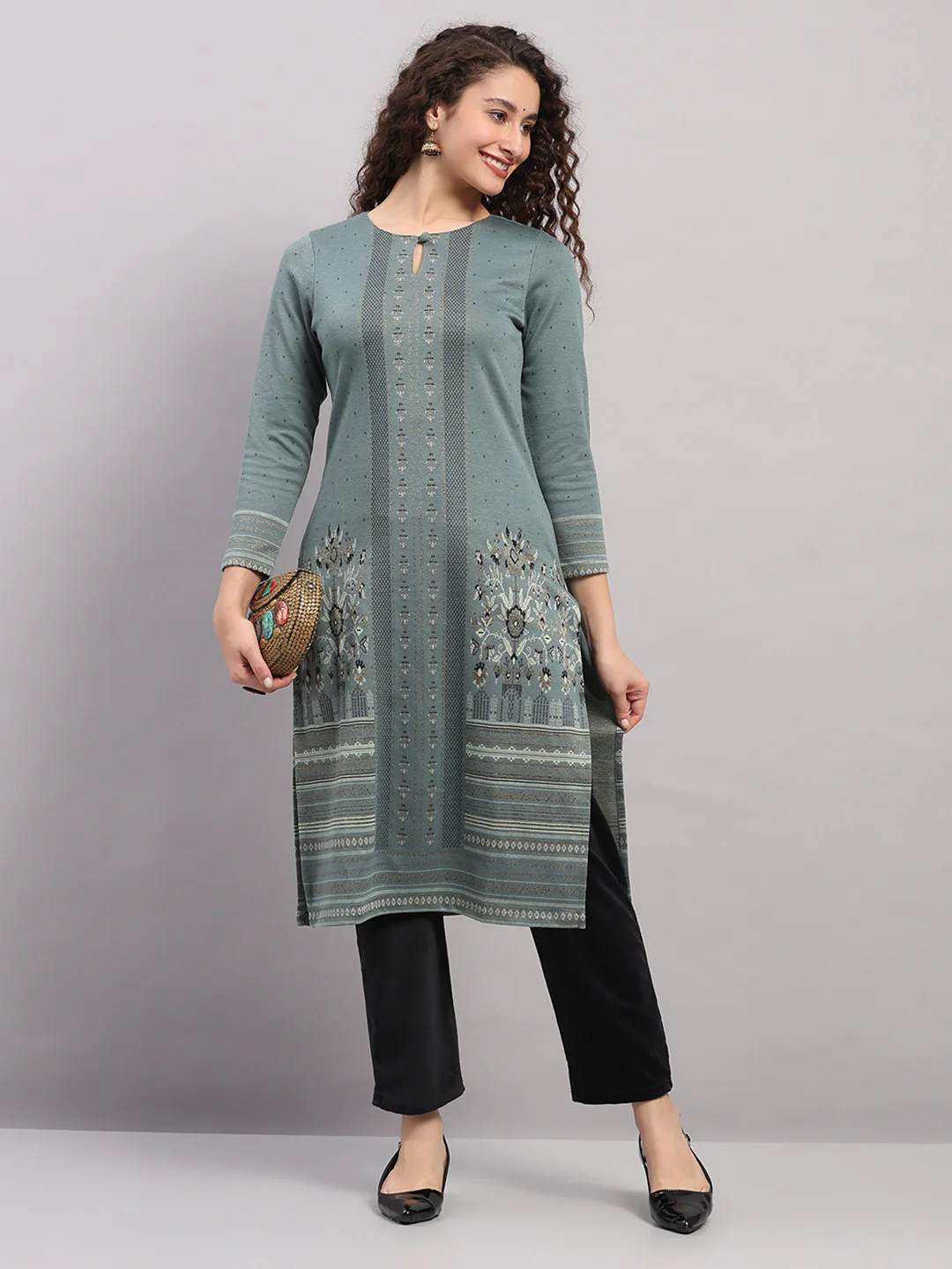 Women Light Blue Printed Round Neck Full Sleeve Winter Kurti - Image 2