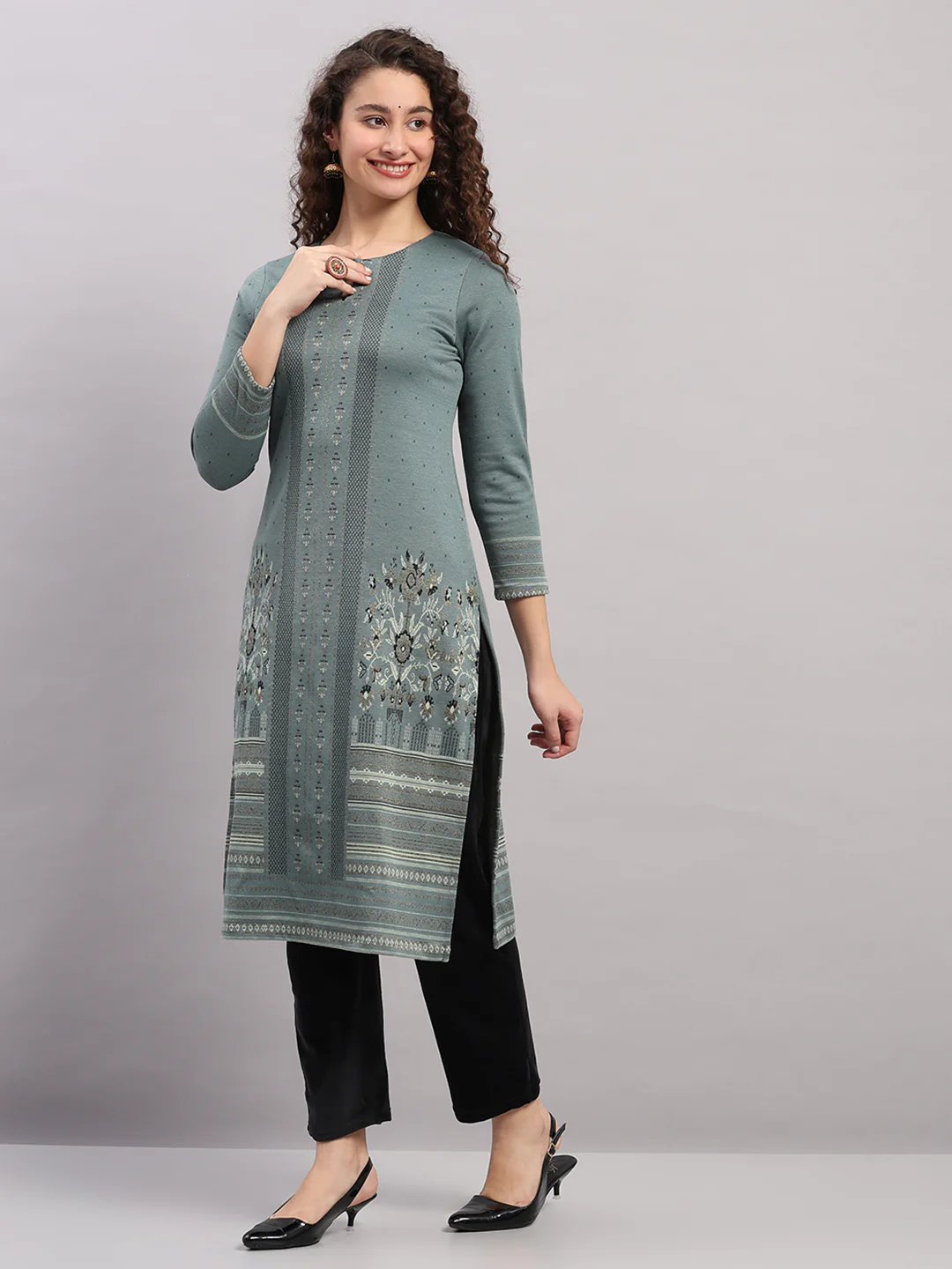 Women Light Blue Printed Round Neck Full Sleeve Winter Kurti - Image 3