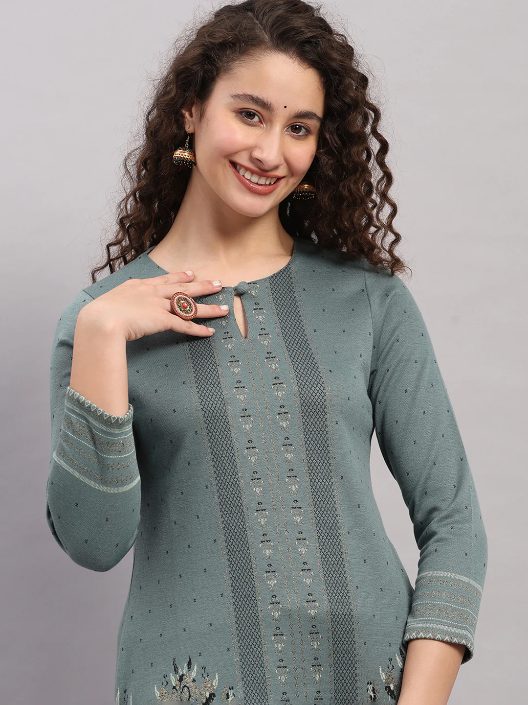 Women Light Blue Printed Round Neck Full Sleeve Winter Kurti - Image 6