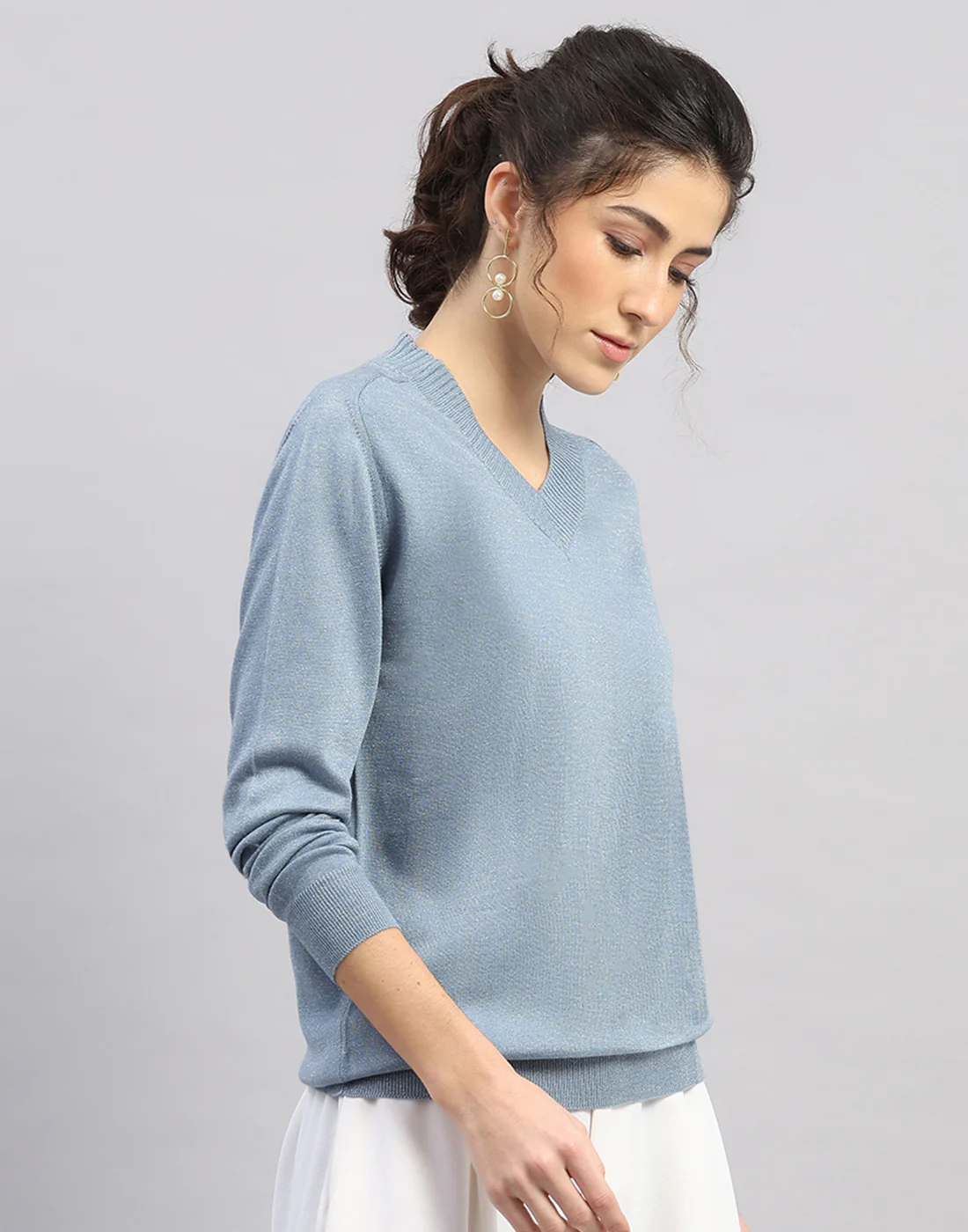 Women Light Blue Self Design V Neck Full Sleeve Winter Top - Image 3