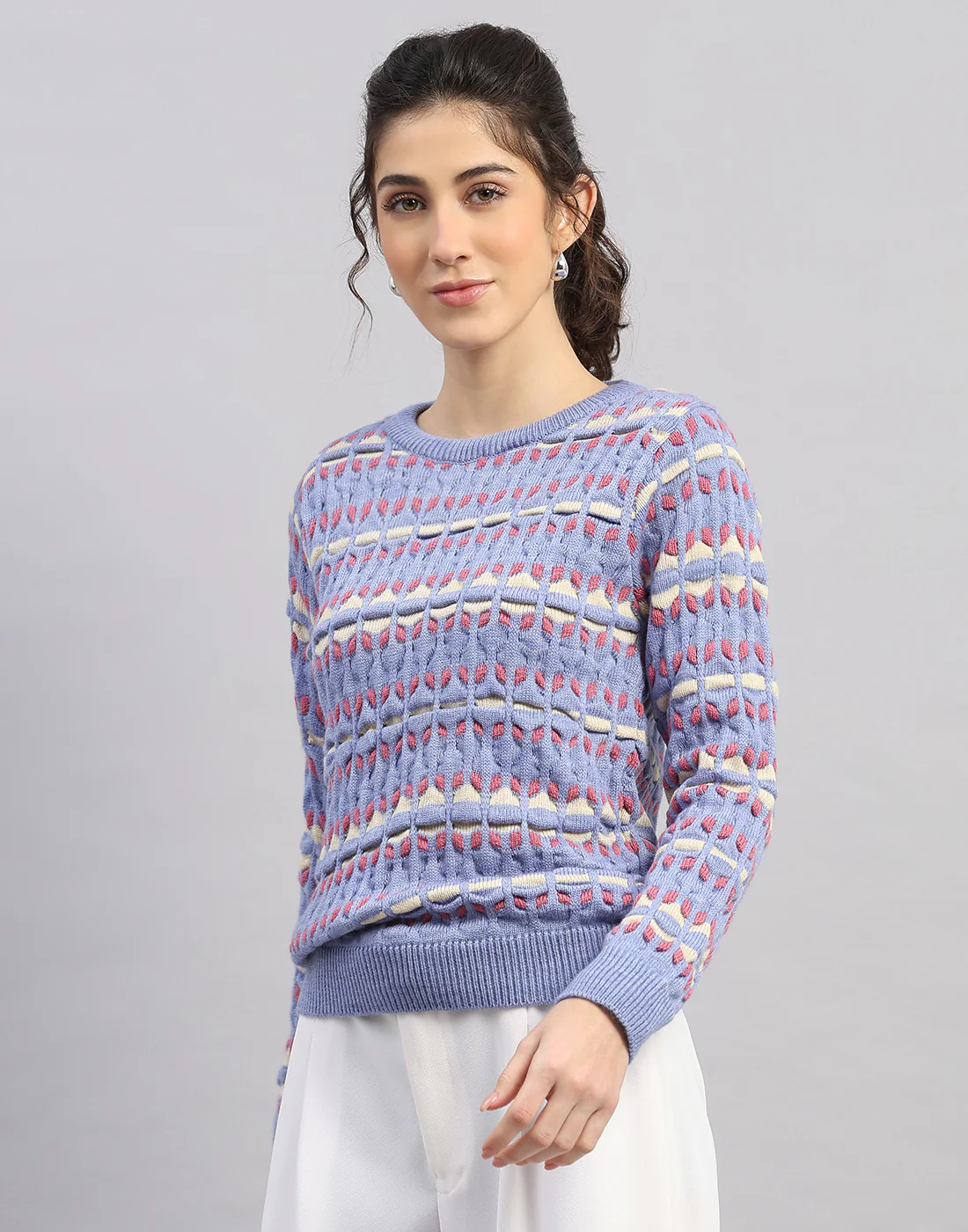 Women Light Blue Solid Round Neck Full Sleeve Winter Top - Image 2