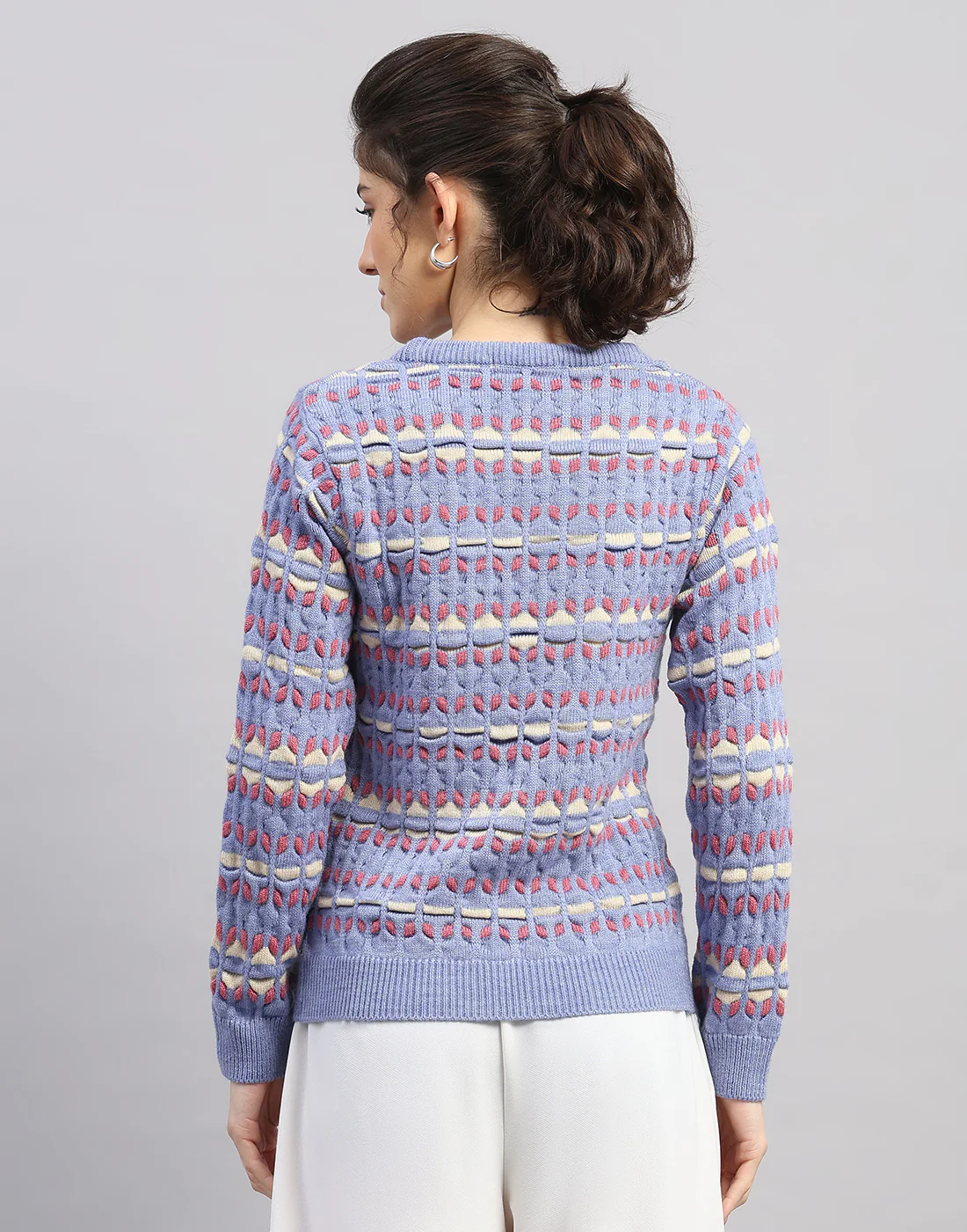 Women Light Blue Solid Round Neck Full Sleeve Winter Top - Image 4