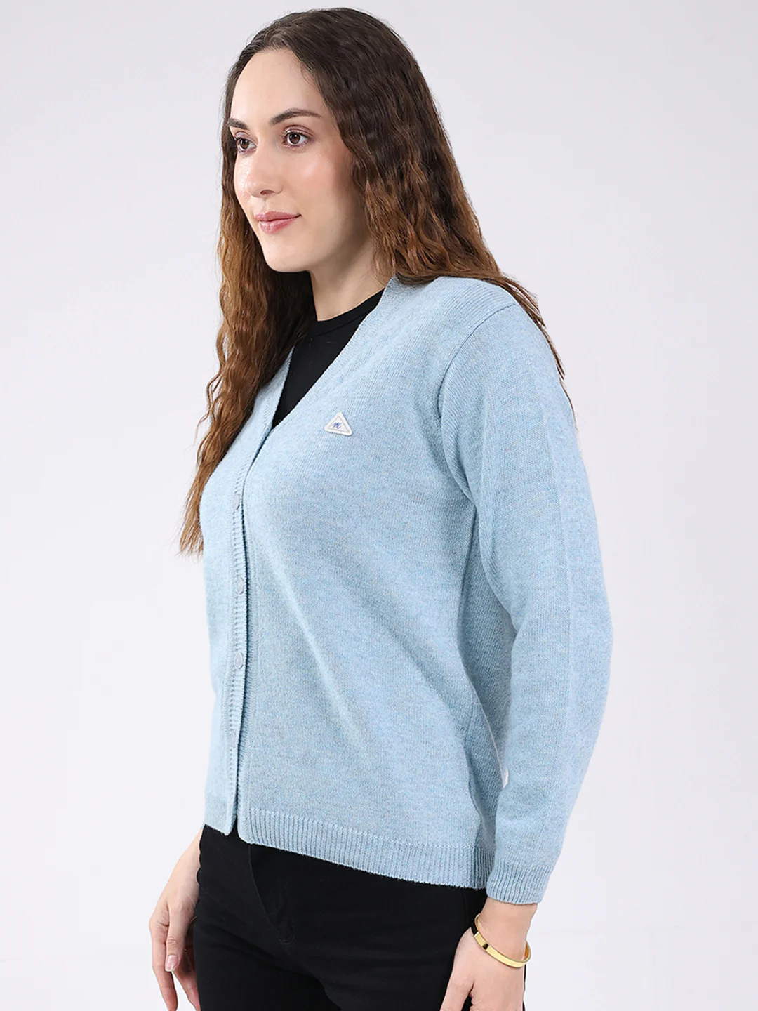 Women Light Blue Solid V Neck Full Sleeve Cardigan - Image 3