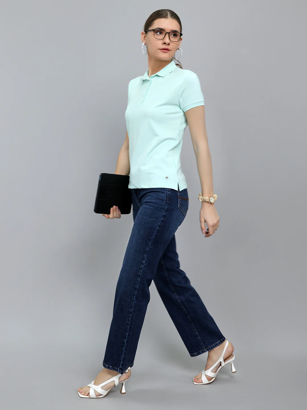 Women Light Green Solid Collar Half Sleeve T-Shirt - Image 5