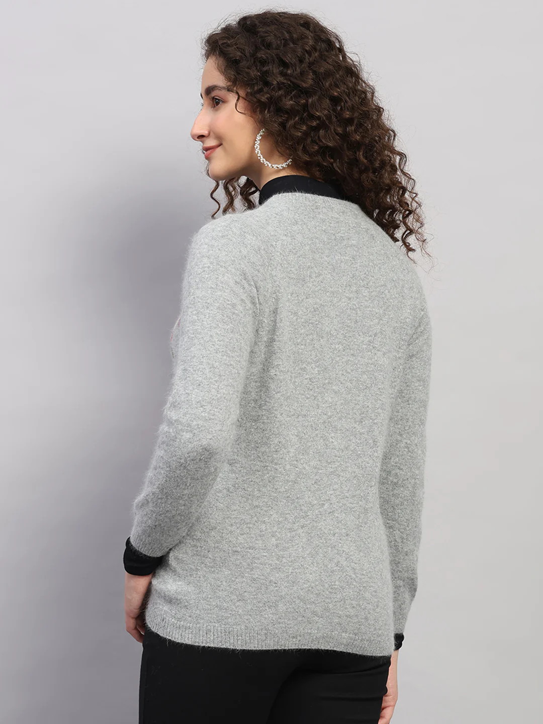Women Light Grey Jaquard Round Neck Full Sleeve Cardigan - Image 5