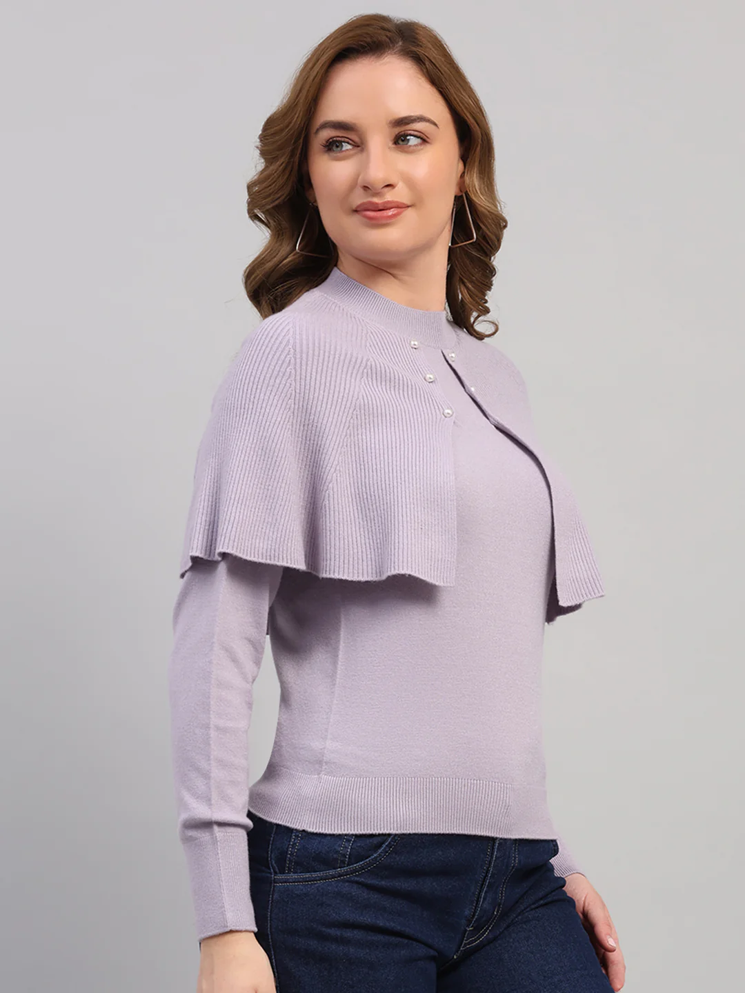 Women Light Grey Self Design Round Neck Full Sleeve Winter Top - Image 4