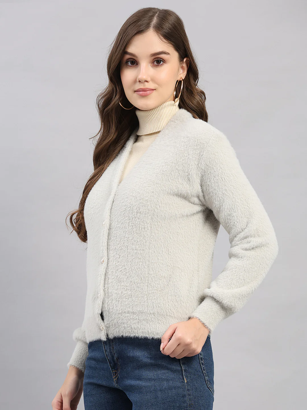 Women Light Grey Self Design V Neck Full Sleeve Cardigan - Image 3
