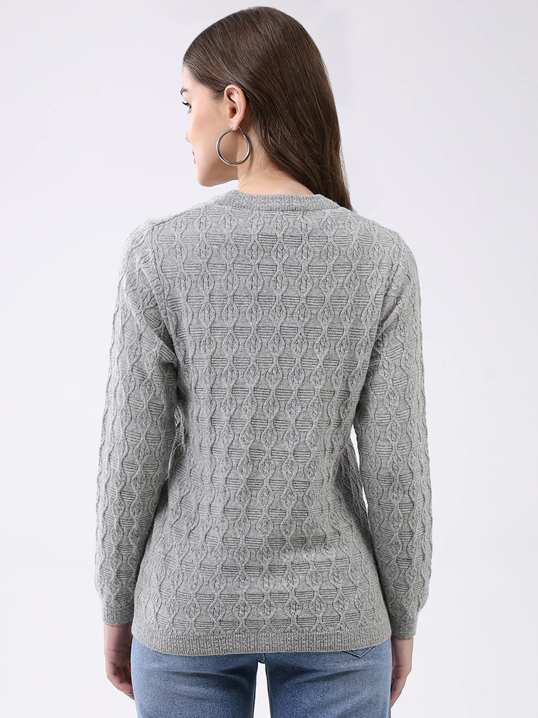 Women Light Grey Self Design V Neck Full Sleeve Cardigan - Image 5