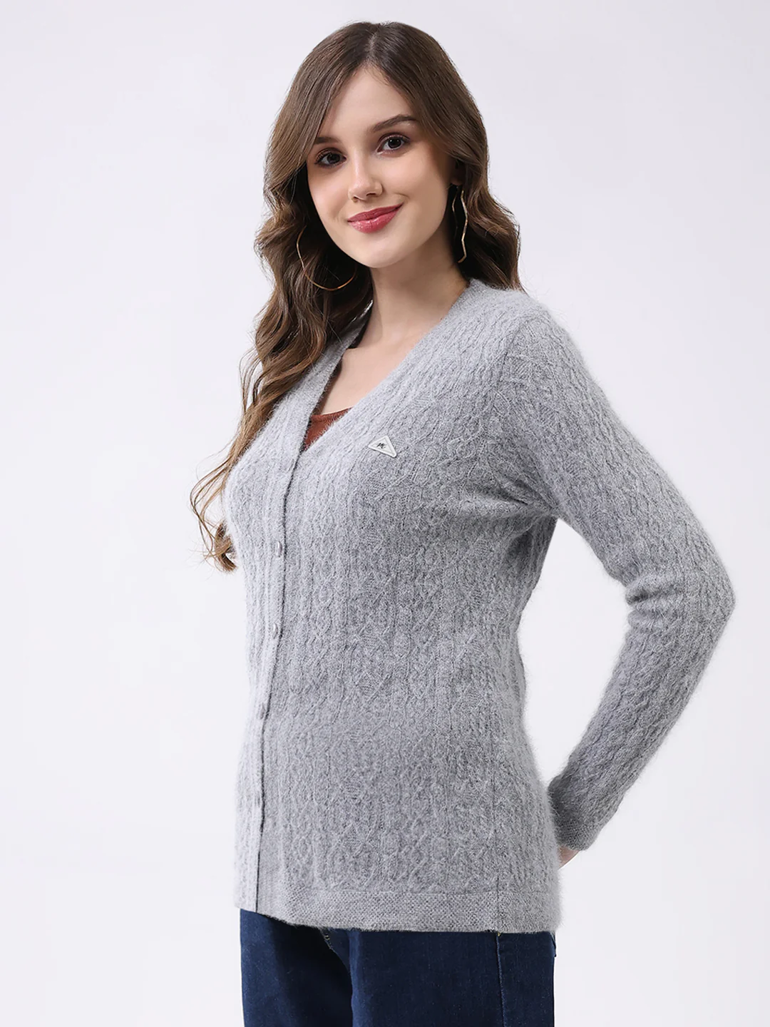 Women Light Grey Self Design V Neck Full Sleeve Cardigan - Image 3