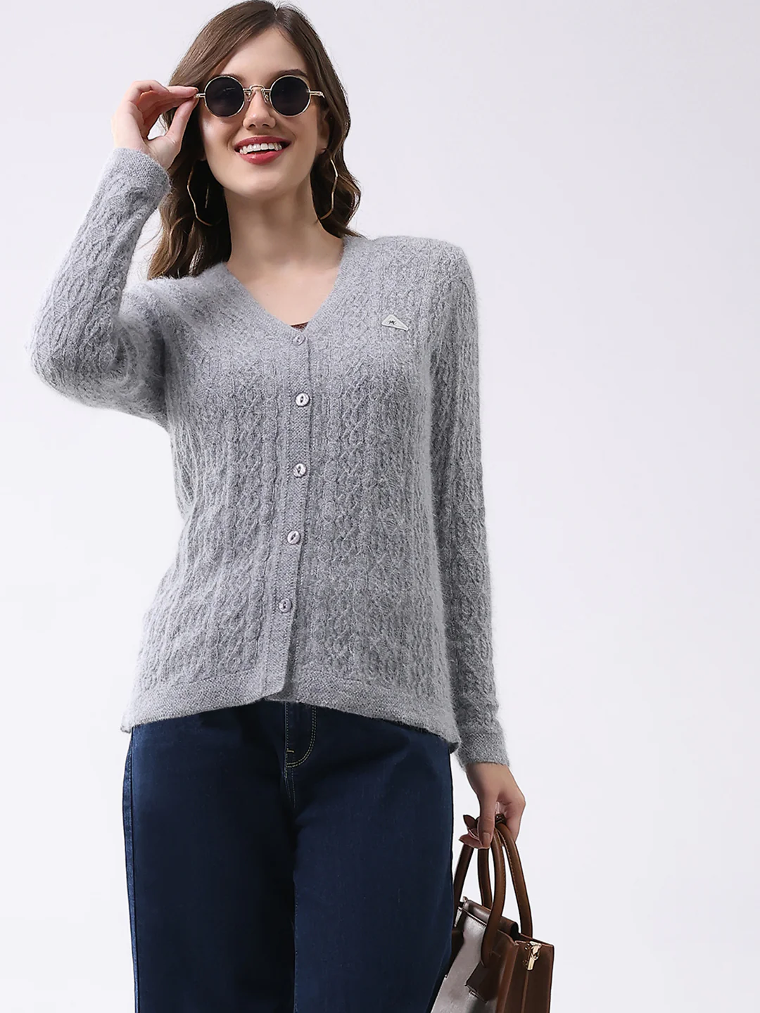 Women Light Grey Self Design V Neck Full Sleeve Cardigan - Image 6