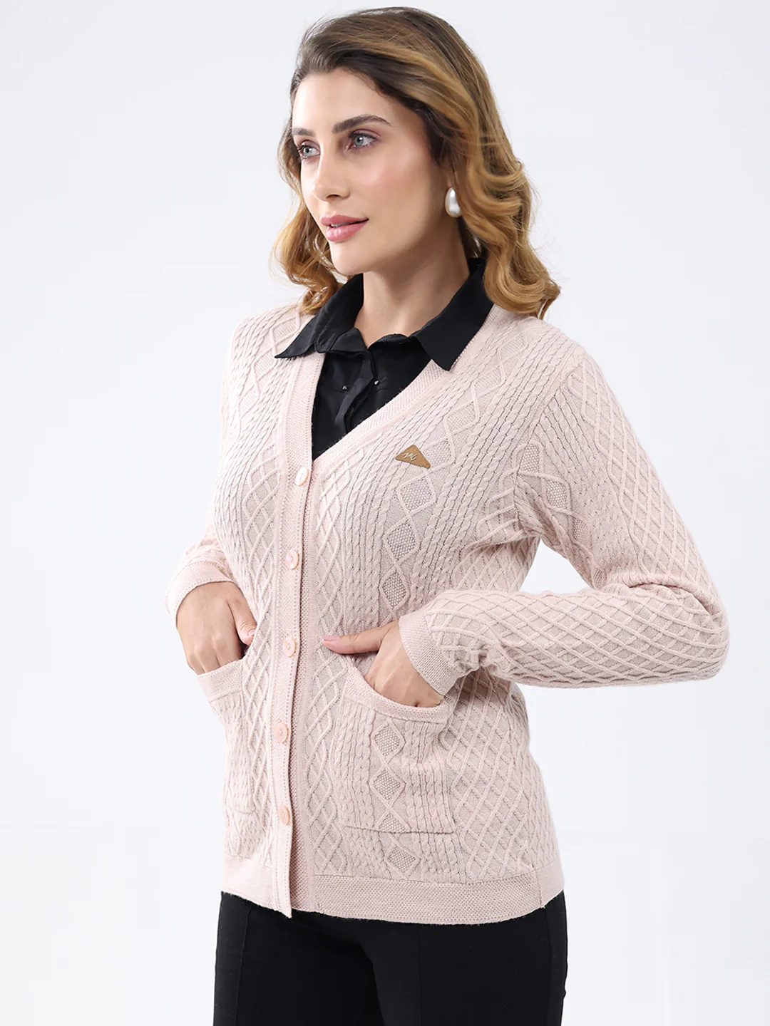 Women Light Pink Self Design V Neck Full Sleeve Cardigan - Image 3