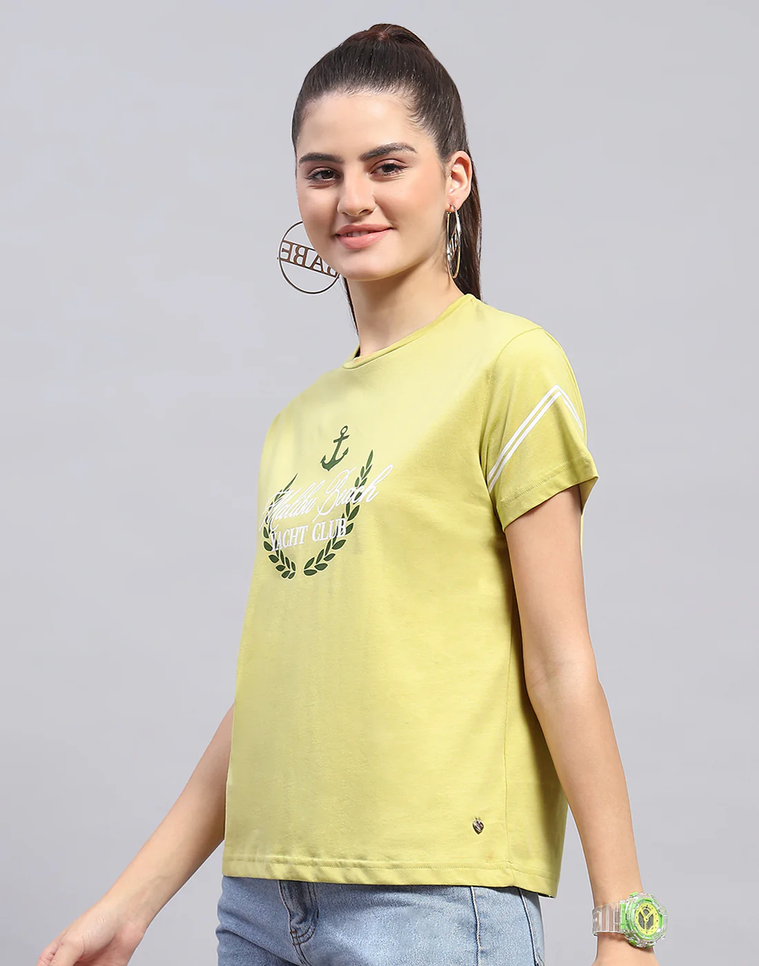 Women Lime Green Printed Round Neck Half Sleeve Top - Image 3