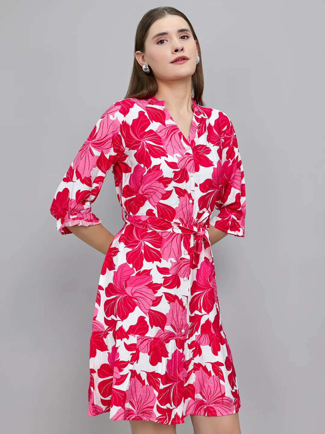 Women Magenta Floral Print Front Open 3/4th Sleeve Tunic - Image 3
