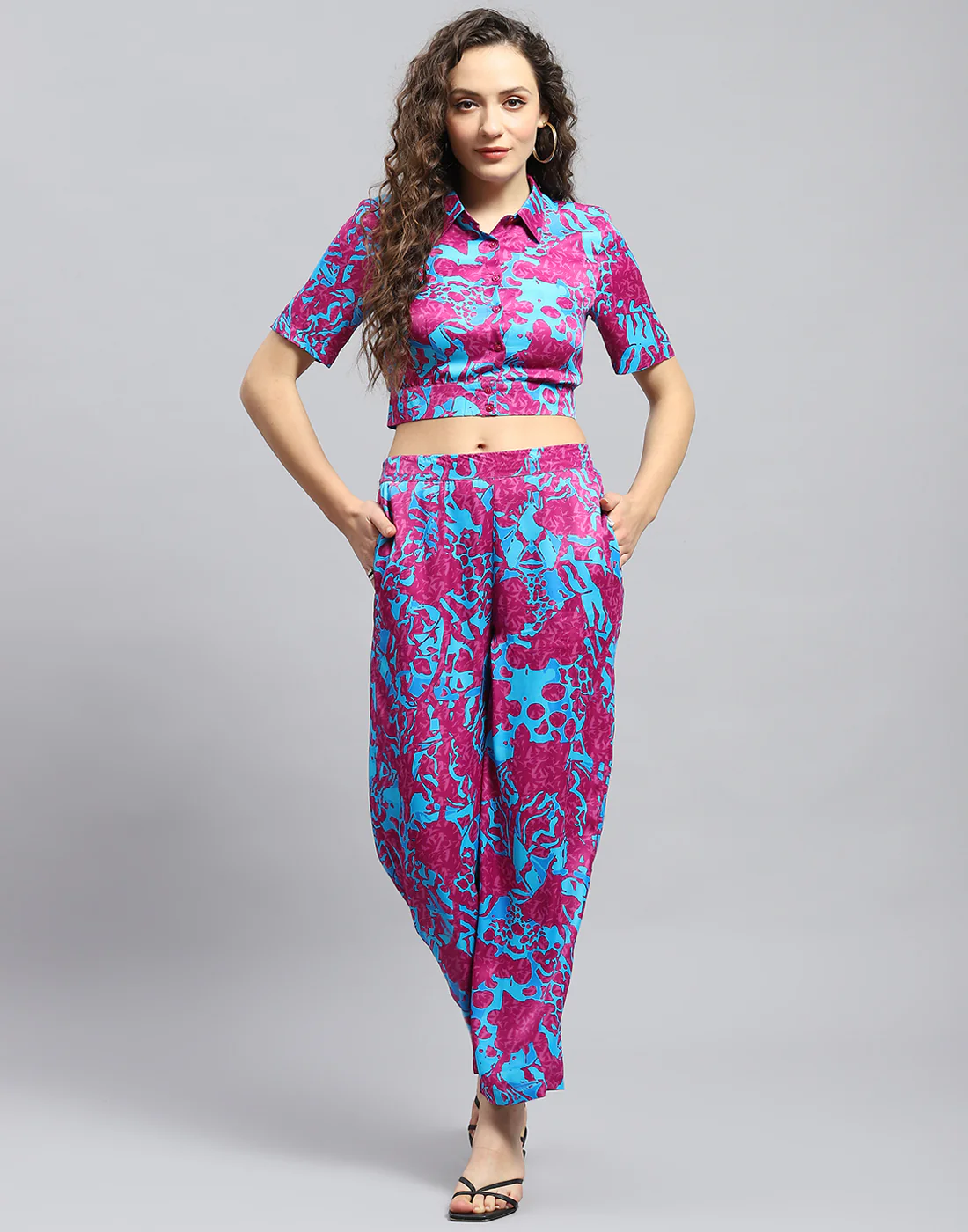 Women Magenta Printed Collar Half Sleeve Cords Set - Image 3