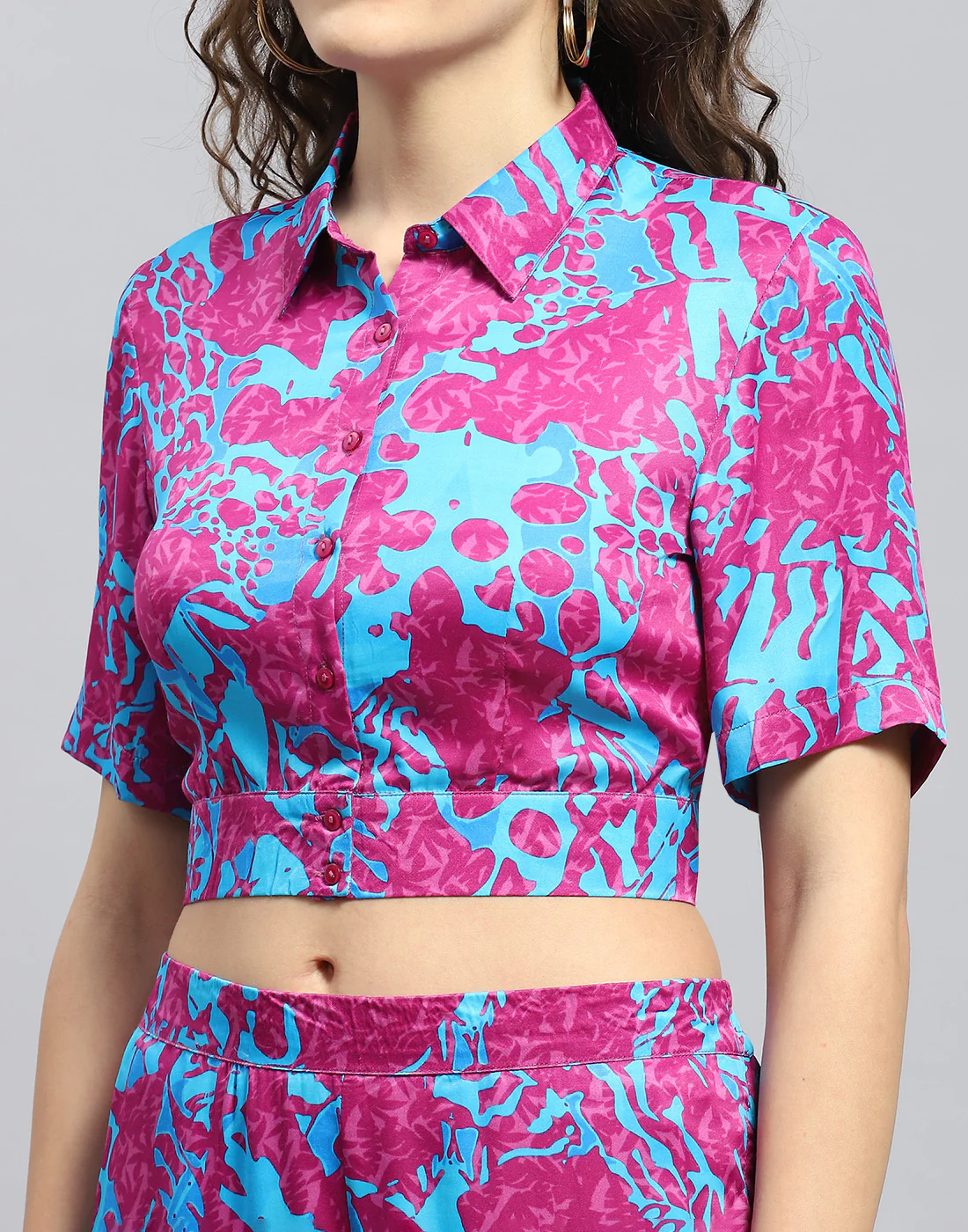 Women Magenta Printed Collar Half Sleeve Cords Set - Image 6