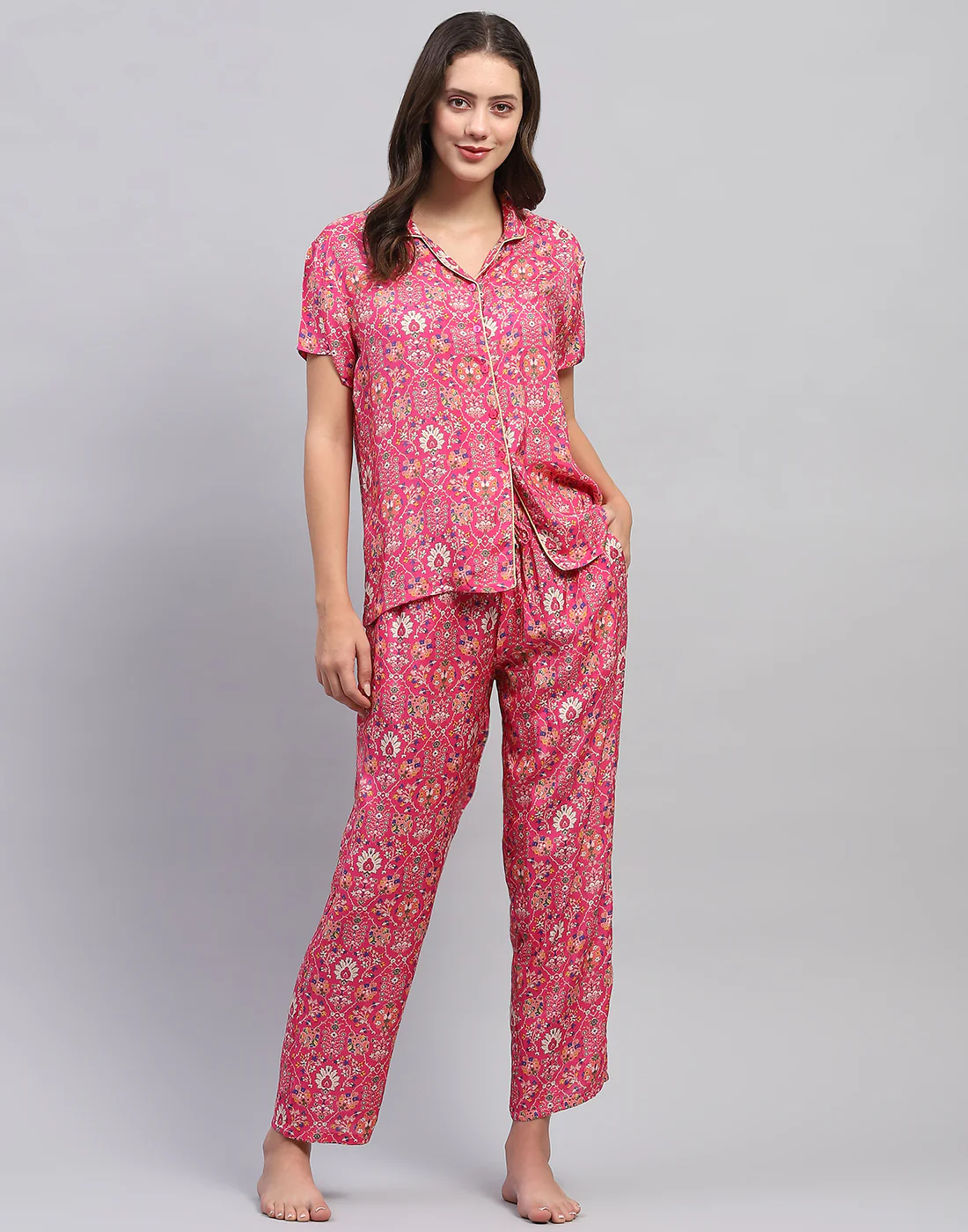 Women Magenta Printed Front Open Half Sleeve Lower Set - Image 3