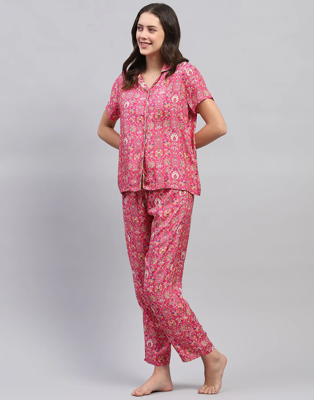 Women Magenta Printed Front Open Half Sleeve Lower Set - Image 4