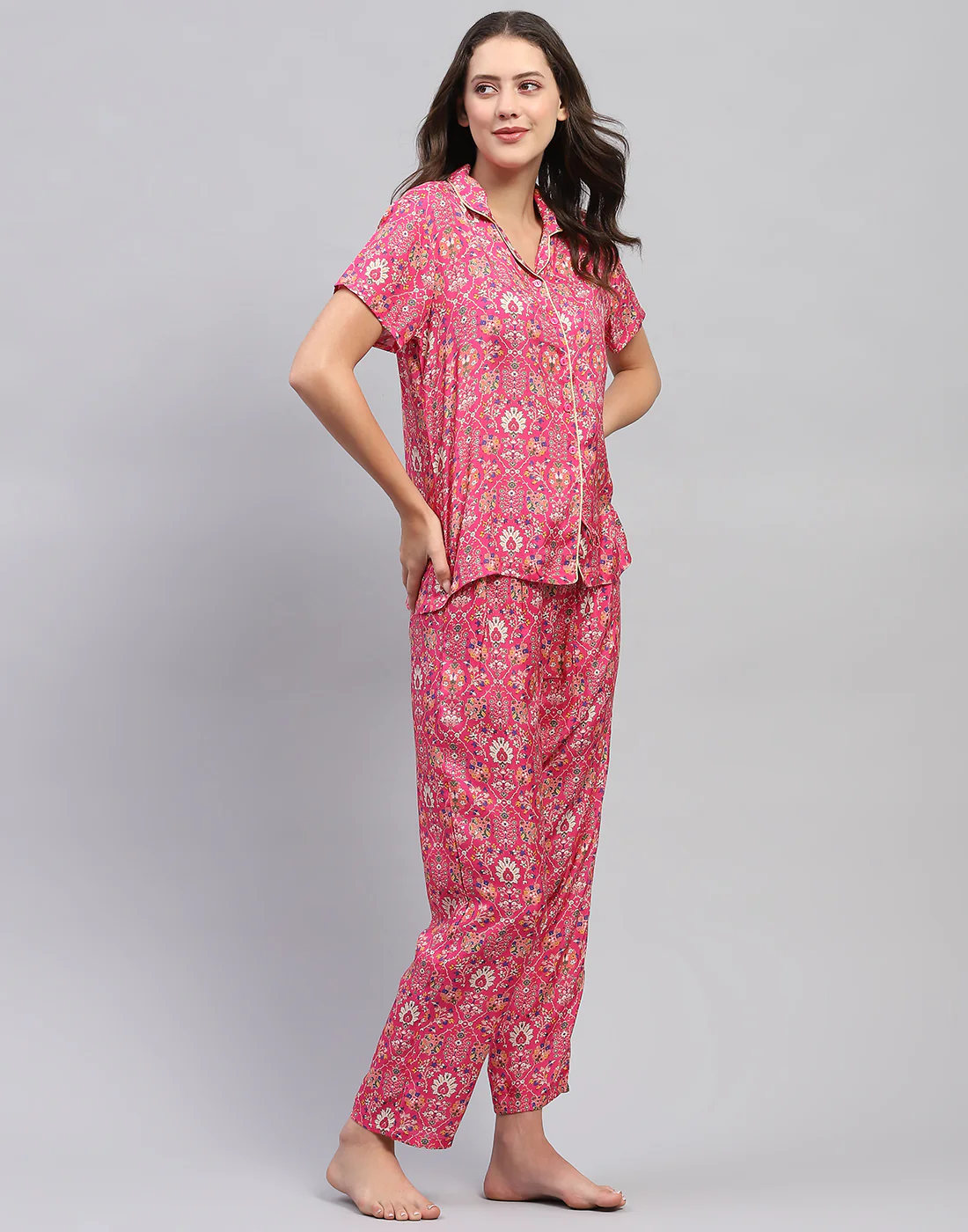 Women Magenta Printed Front Open Half Sleeve Lower Set - Image 5