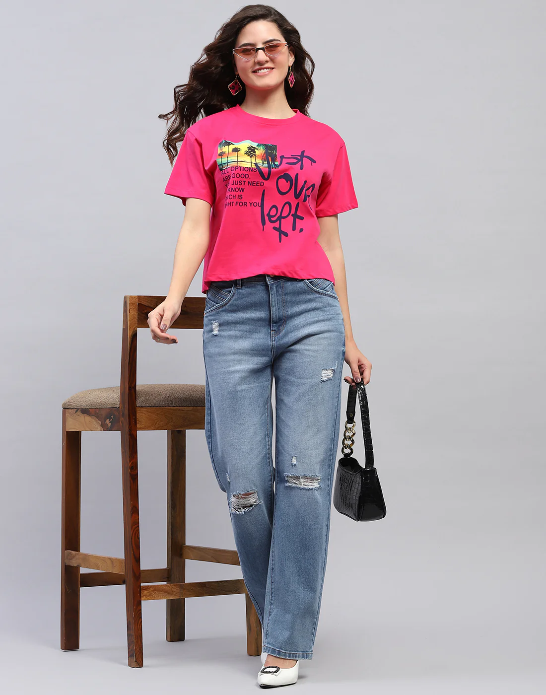 Women Magenta Printed Round Neck Half Sleeve Top - Image 2