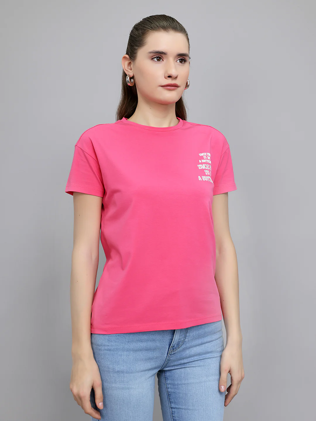 Women Magenta Printed Round Neck Half Sleeve Top - Image 3