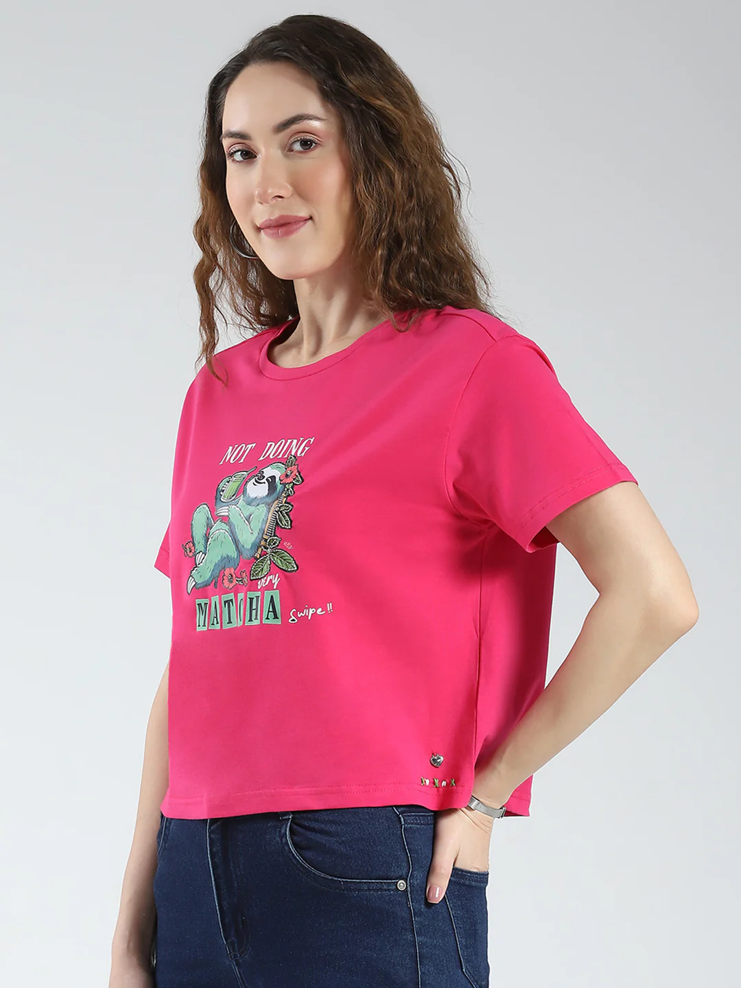 Women Magenta Printed Round Neck Half Sleeve Top - Image 3