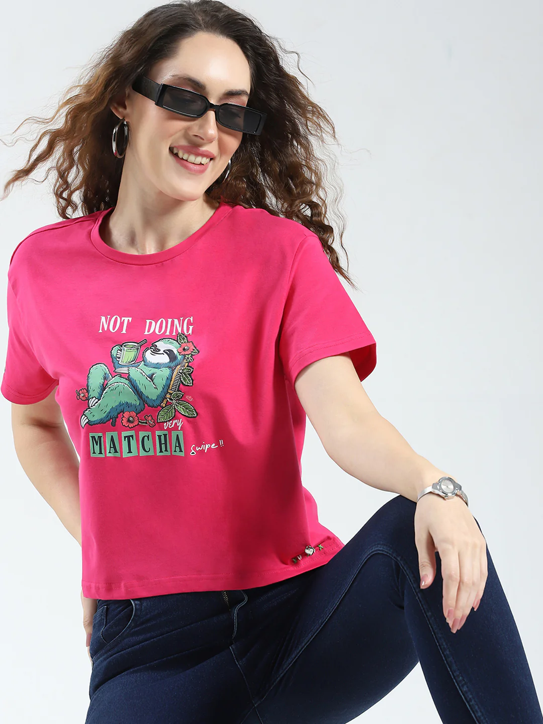 Women Magenta Printed Round Neck Half Sleeve Top - Image 6