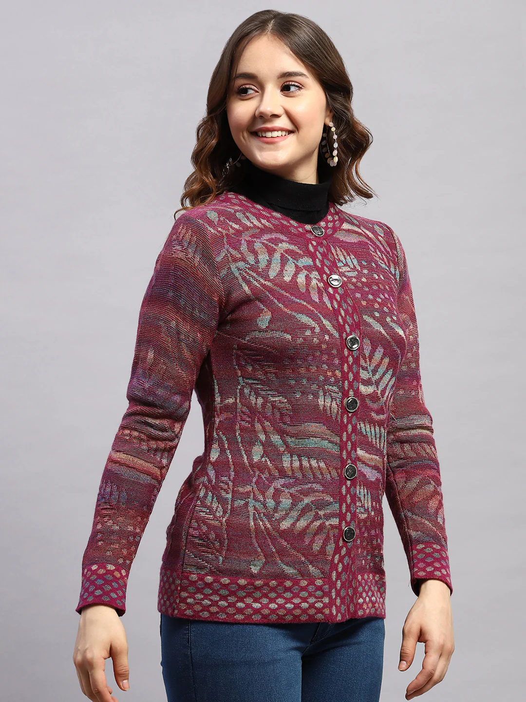 Women Magenta Self Design Round Neck Sleeveless Cardigan - Image 3