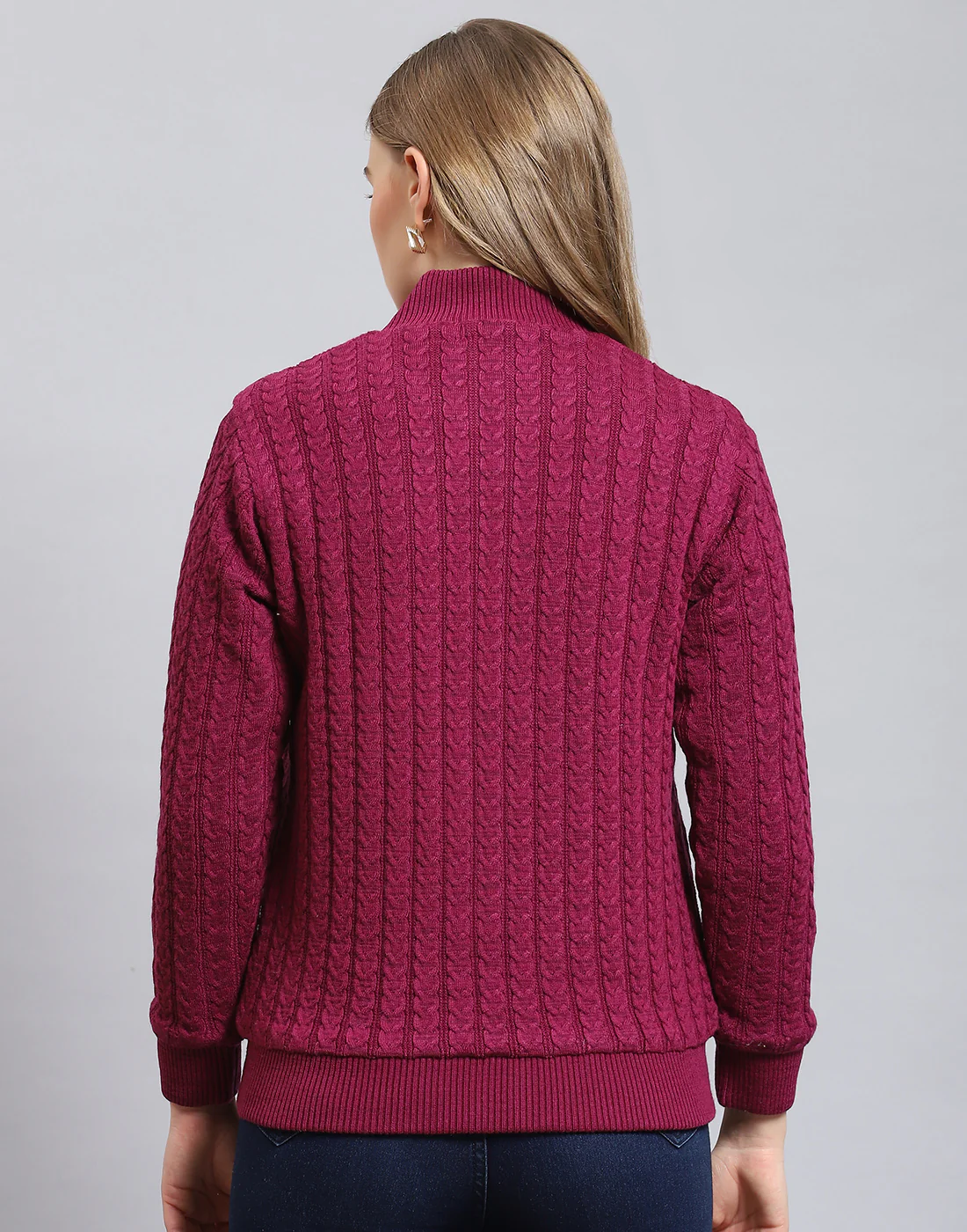 Women Magenta Self Design Stand Collar Full Sleeve Jacket - Image 6