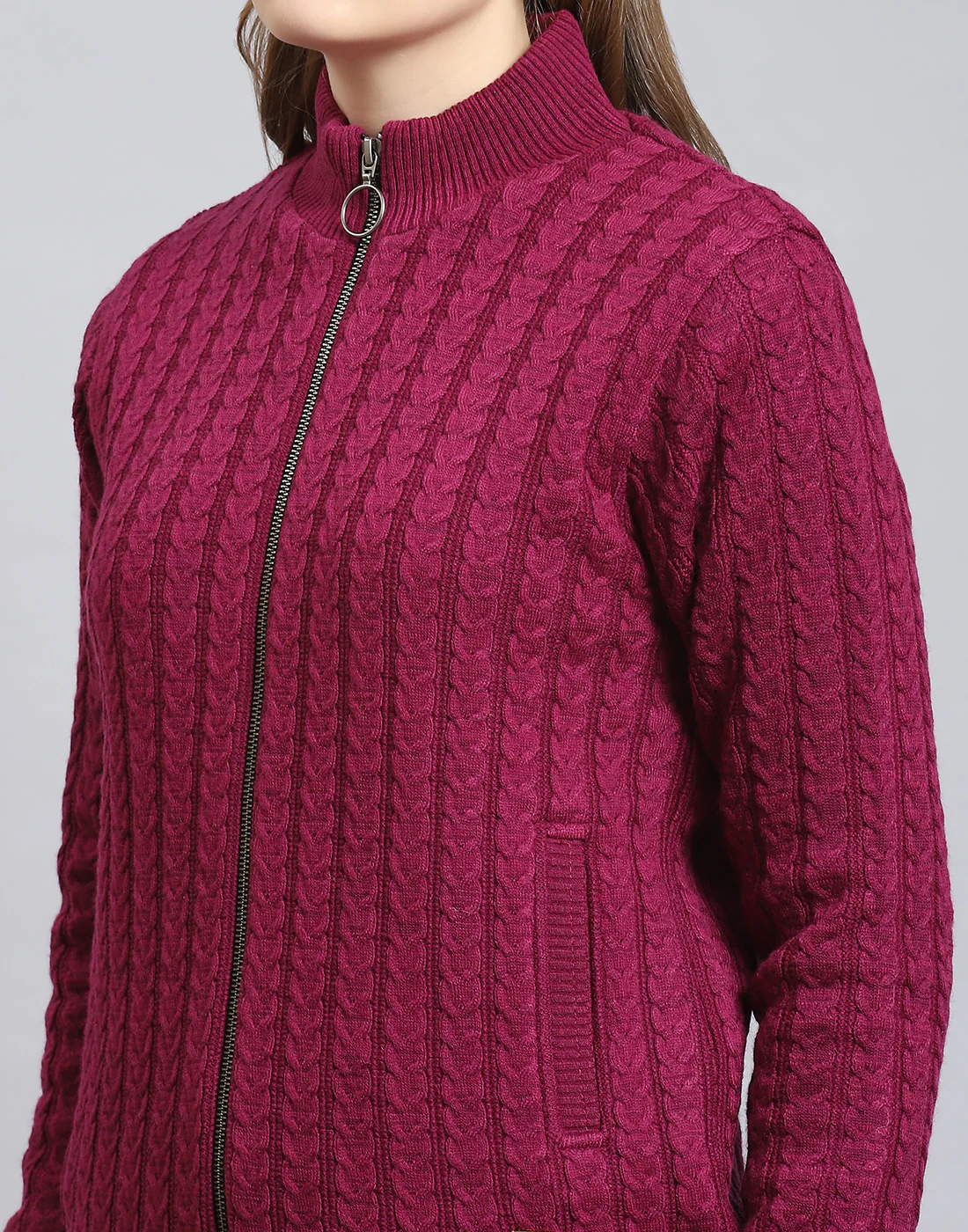 Women Magenta Self Design Stand Collar Full Sleeve Jacket - Image 7