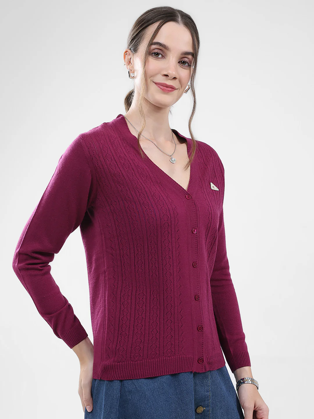 Women Magenta Self Design V Neck Full Sleeve Cardigan - Image 4