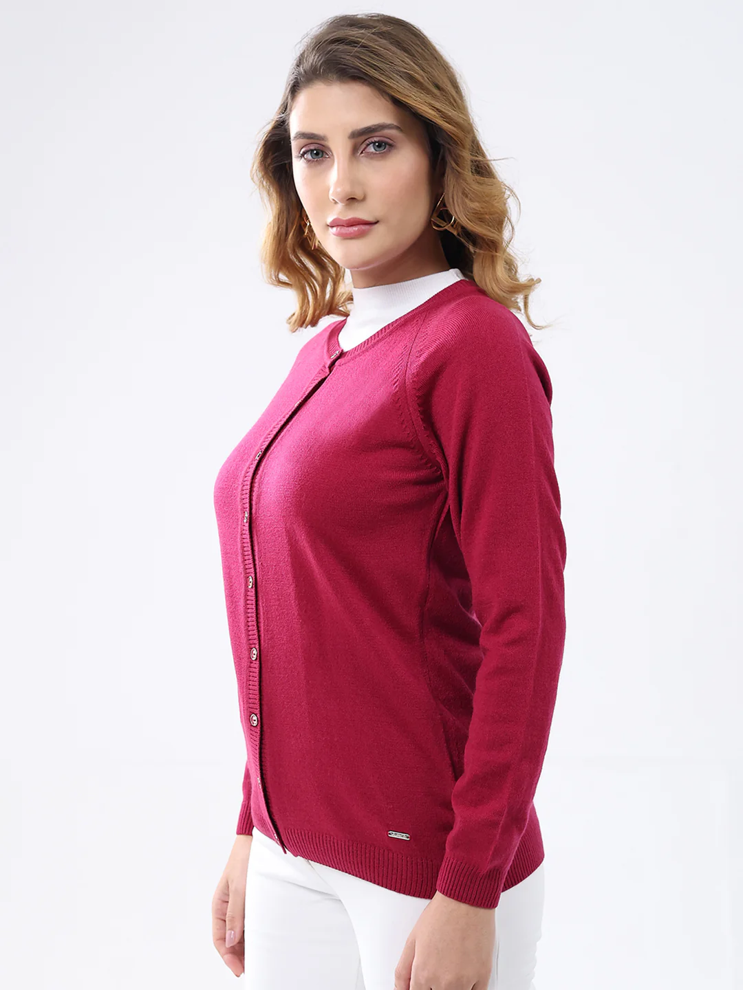 Women Magenta Solid Round Neck Full Sleeve Cardigan - Image 3