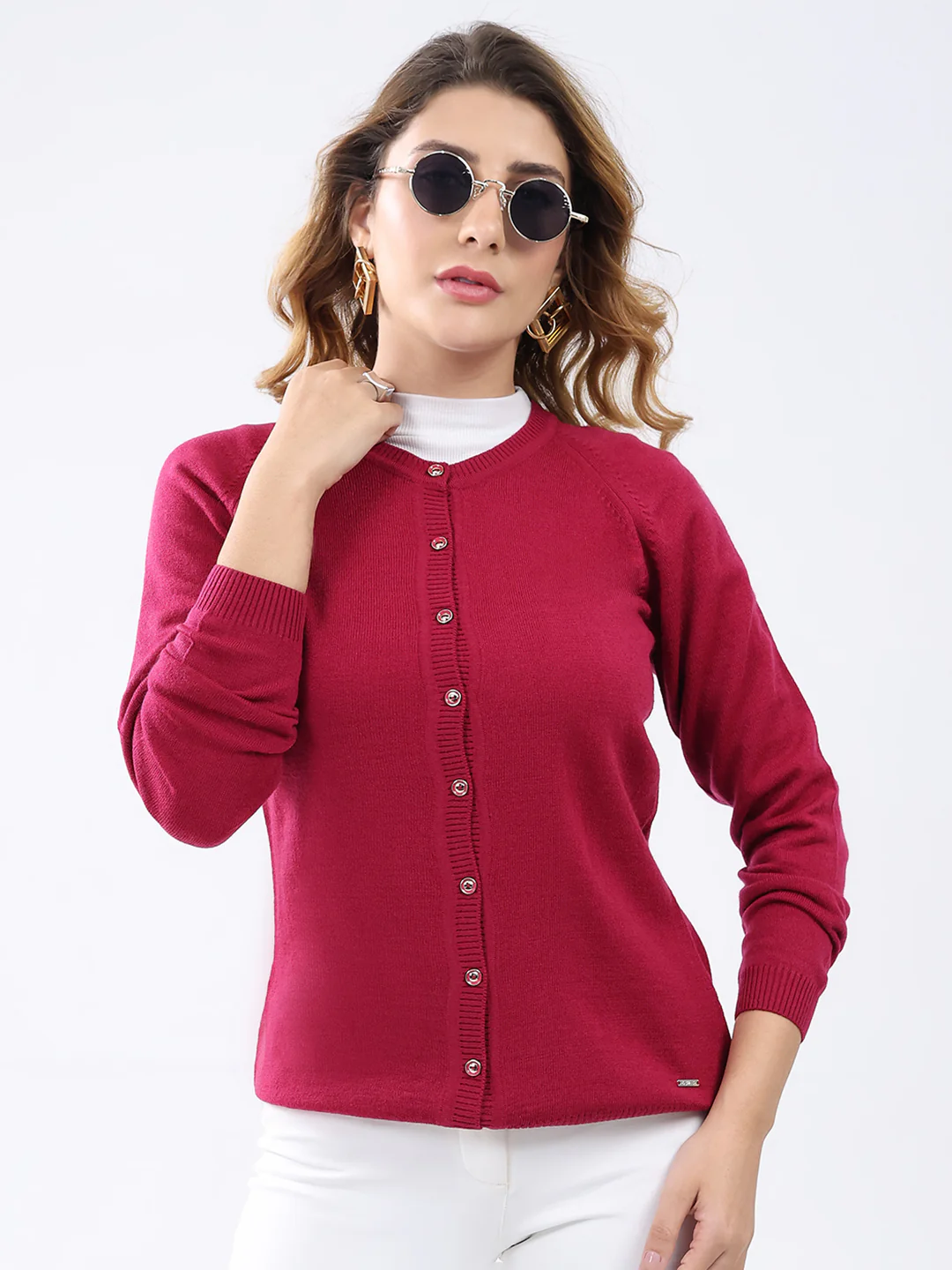 Women Magenta Solid Round Neck Full Sleeve Cardigan - Image 6