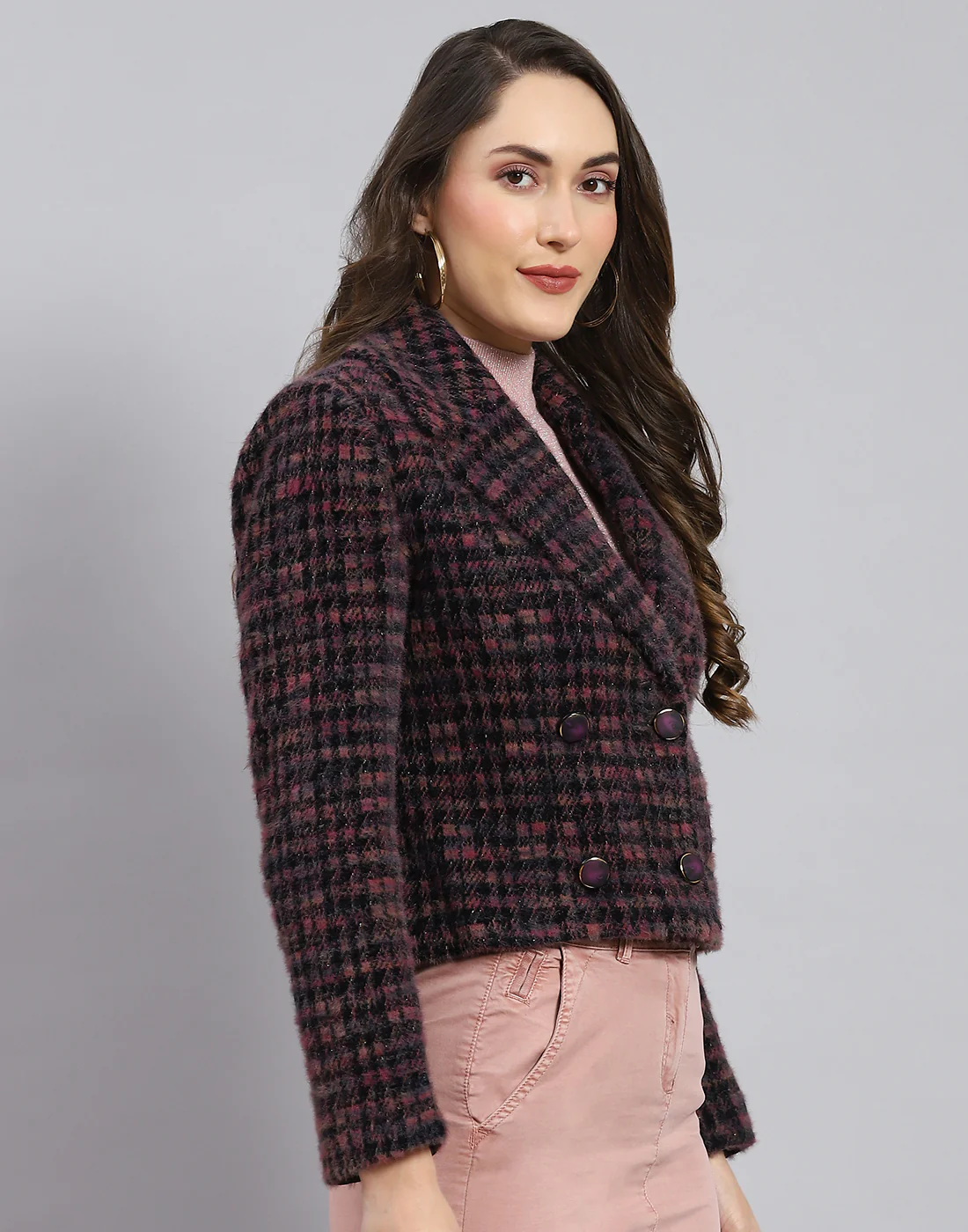 Women Maroon Check Lapel Collar Full Sleeve Coat - Image 4