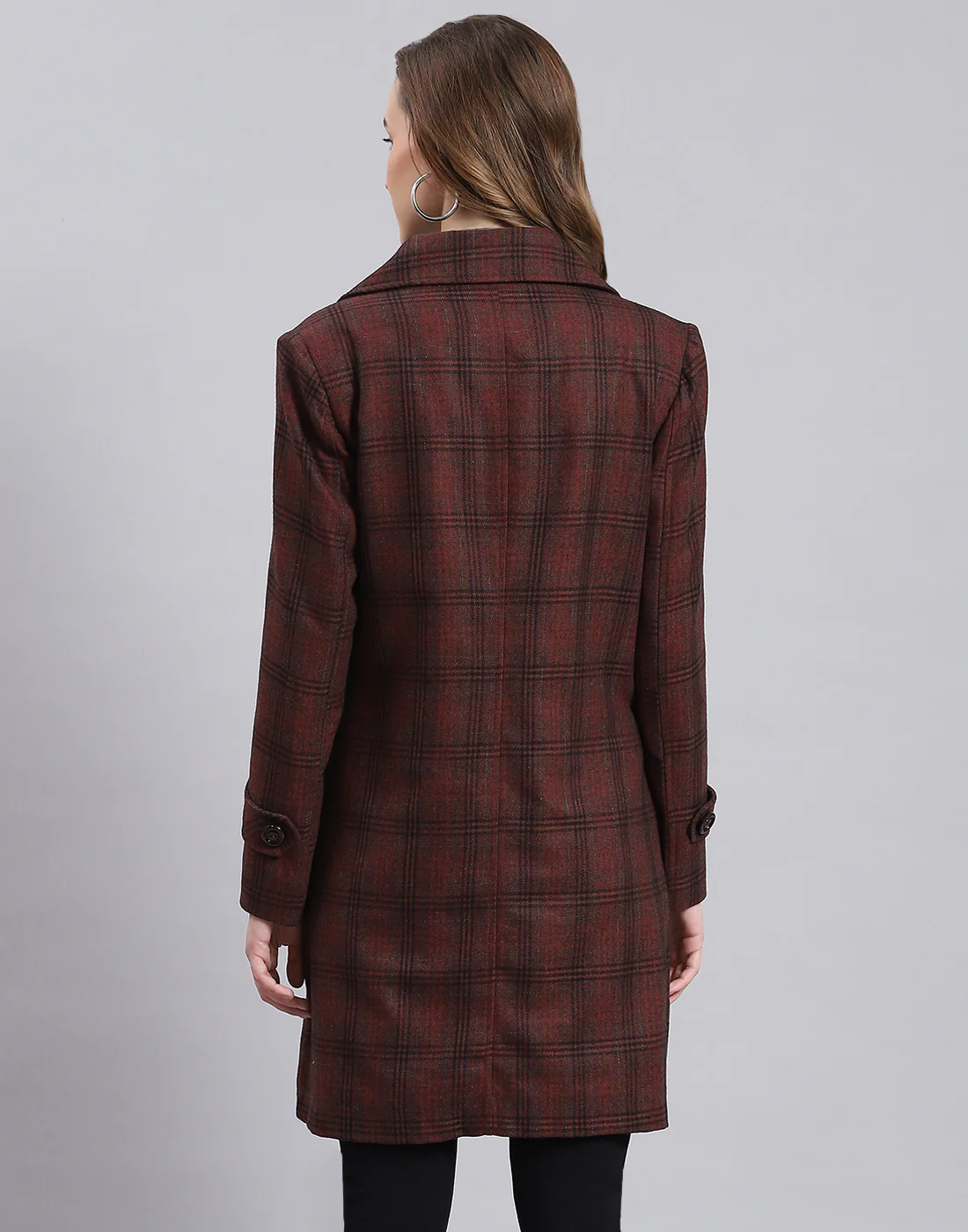 Women Maroon Check Lapel Collar Full Sleeve Coat - Image 5
