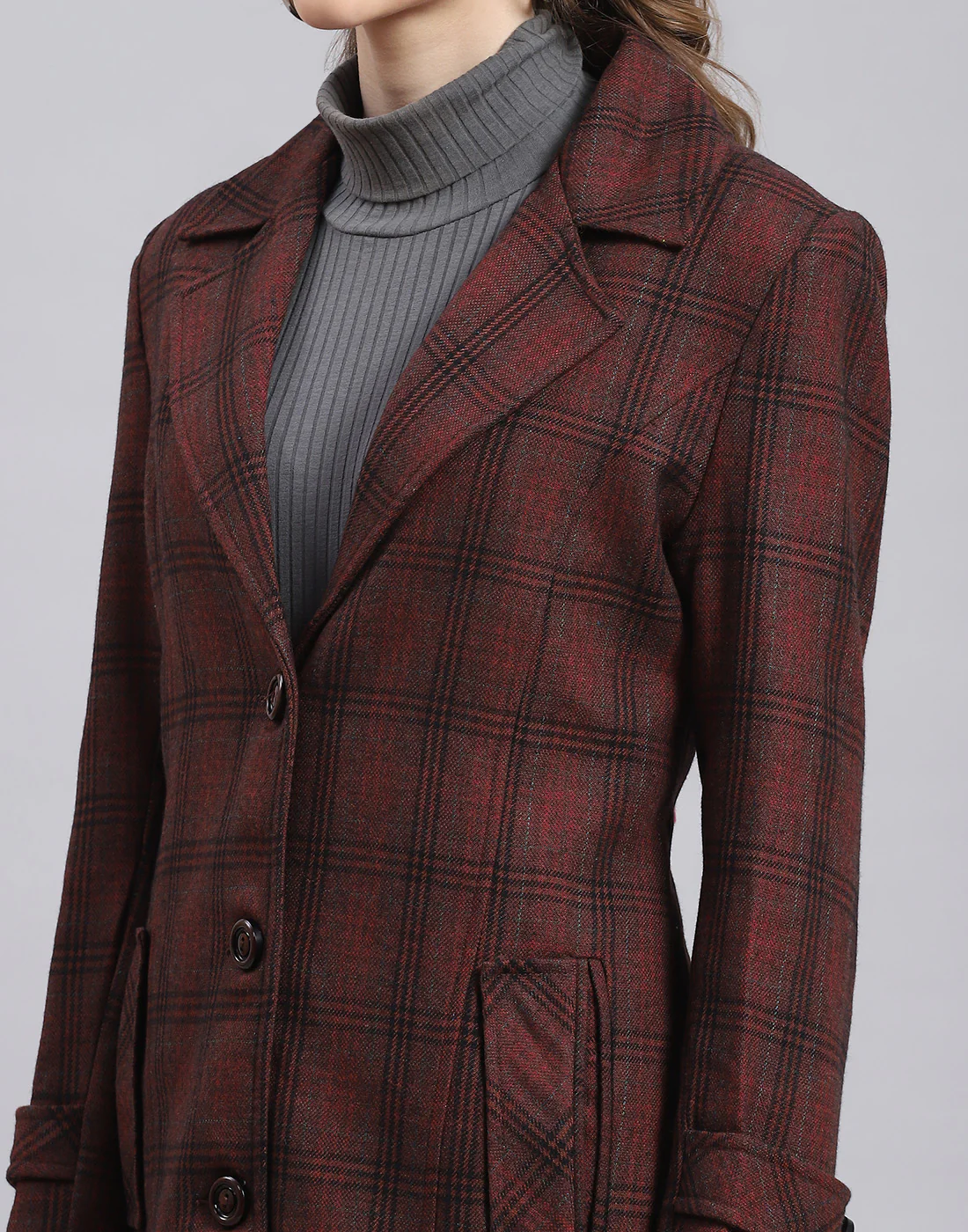 Women Maroon Check Lapel Collar Full Sleeve Coat - Image 7