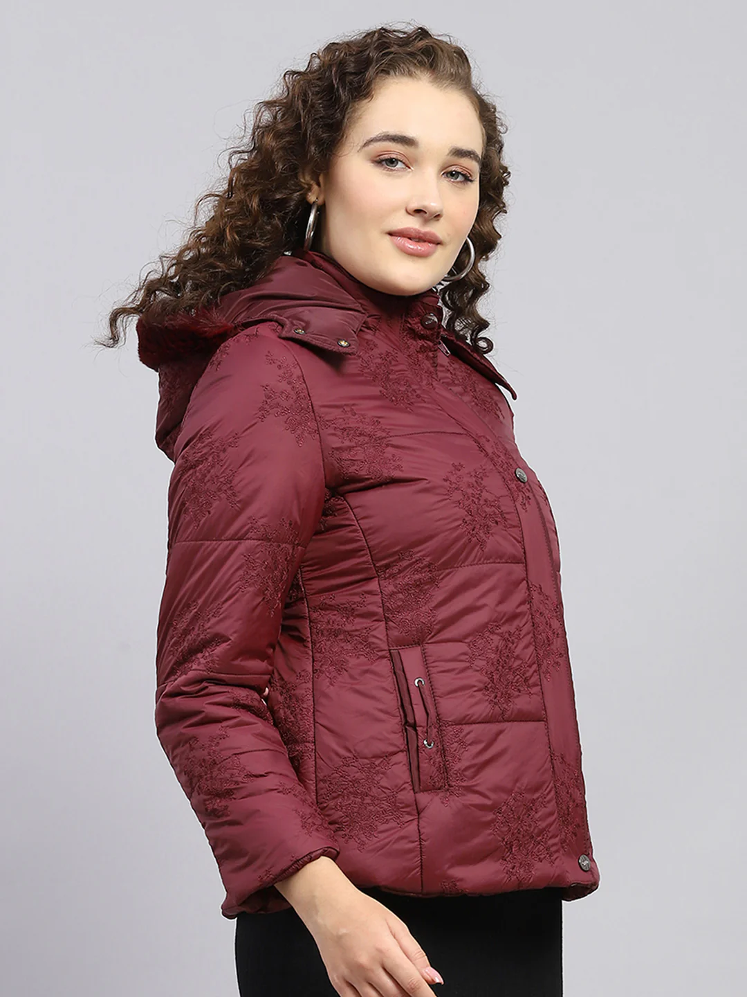 Women Maroon Embroidered Detachable Hood Full Sleeve Jacket - Image 4