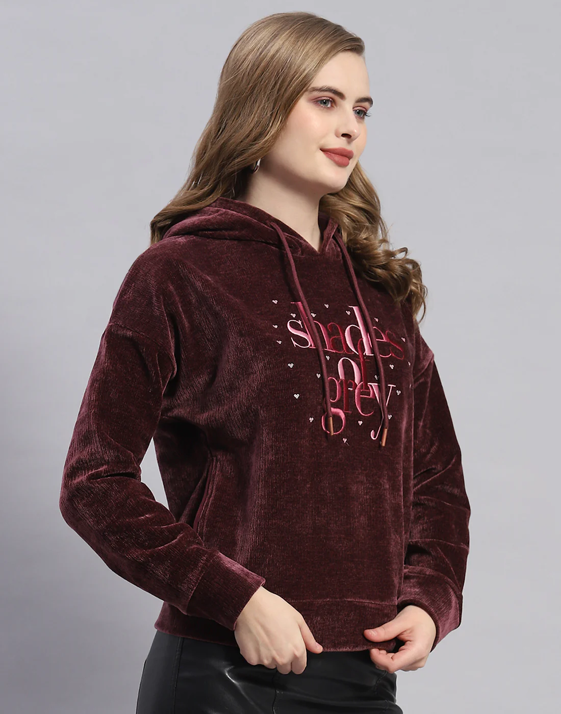 Women Maroon Embroidered Hooded Full Sleeve Sweatshirt - Image 4