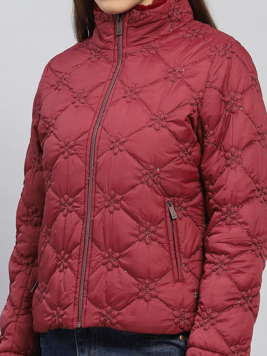 Women Maroon Embroidered Mock Neck Full Sleeve Jacket - Image 6