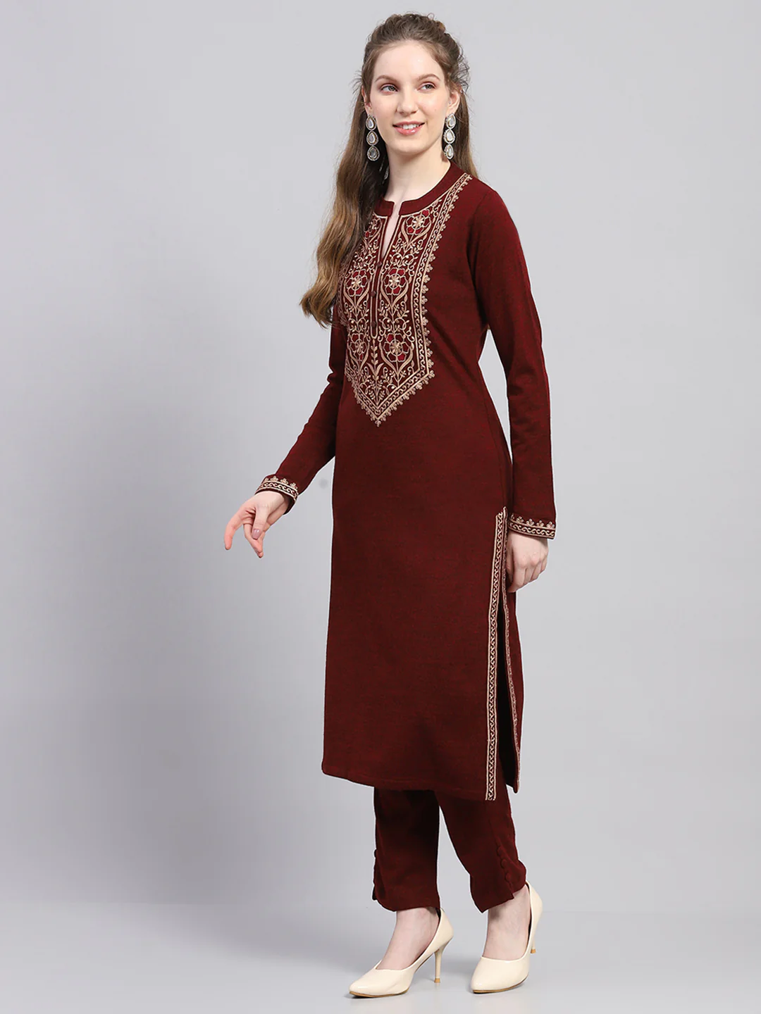 Women Maroon Embroidered Round Neck Full Sleeve Kurti Set for Winter - Image 2