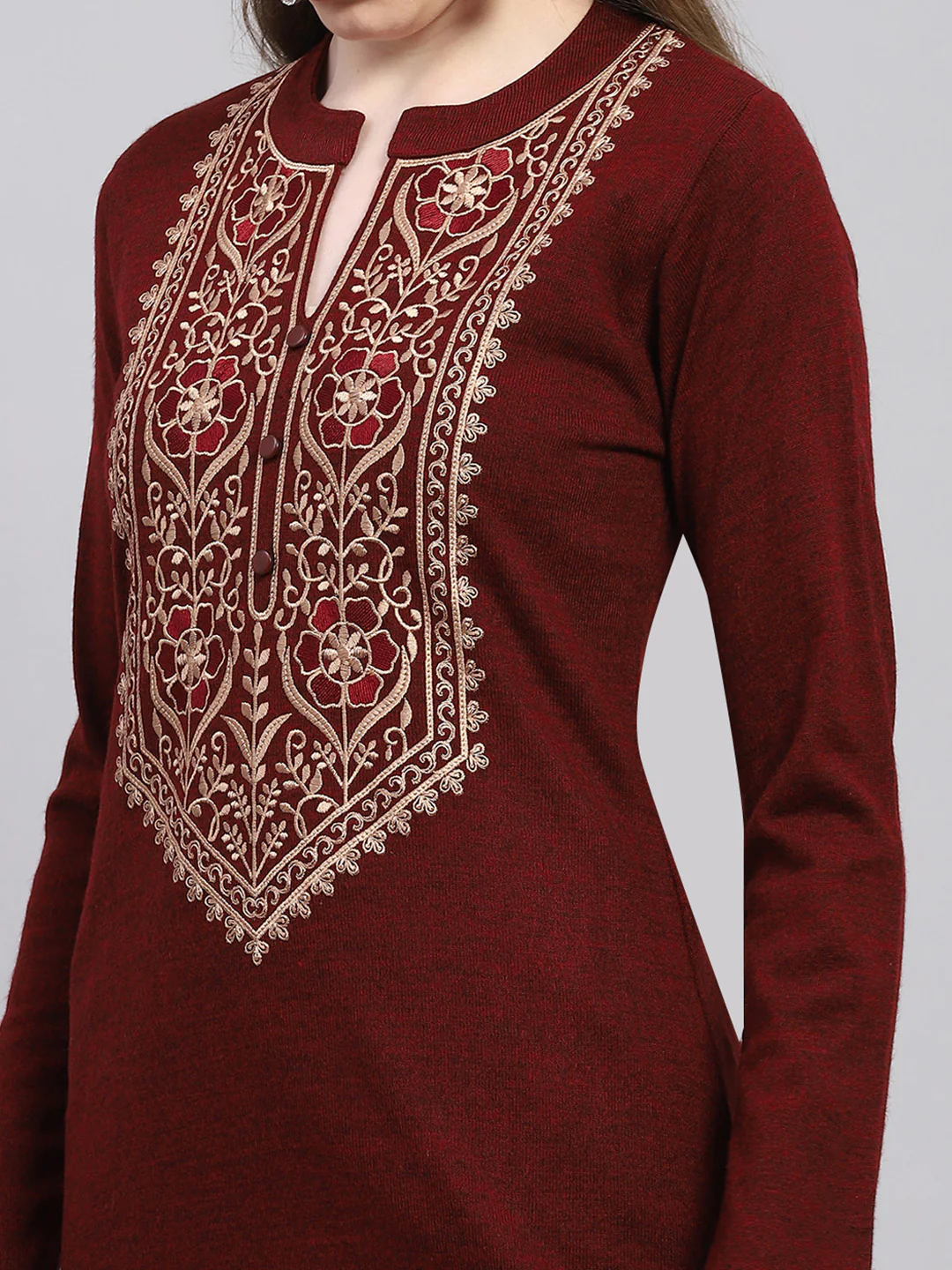 Women Maroon Embroidered Round Neck Full Sleeve Kurti Set for Winter - Image 6