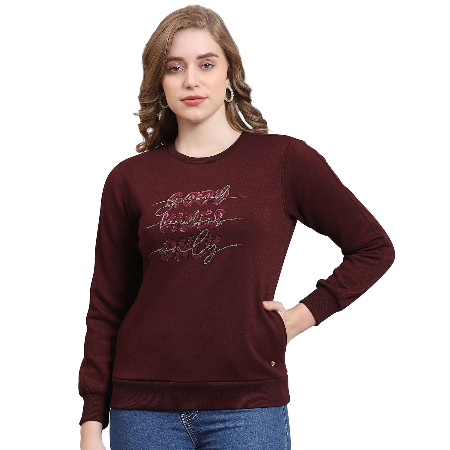 Women Maroon Embroidered Round Neck Full Sleeve Sweatshirt - Image 5