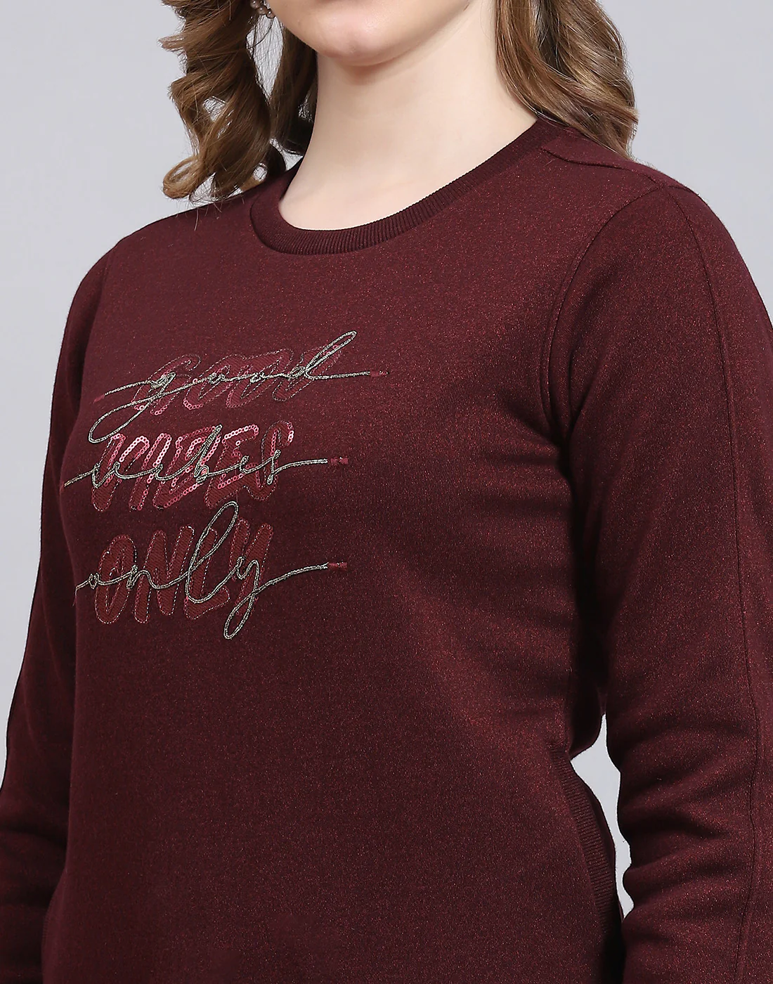 Women Maroon Embroidered Round Neck Full Sleeve Sweatshirt - Image 8