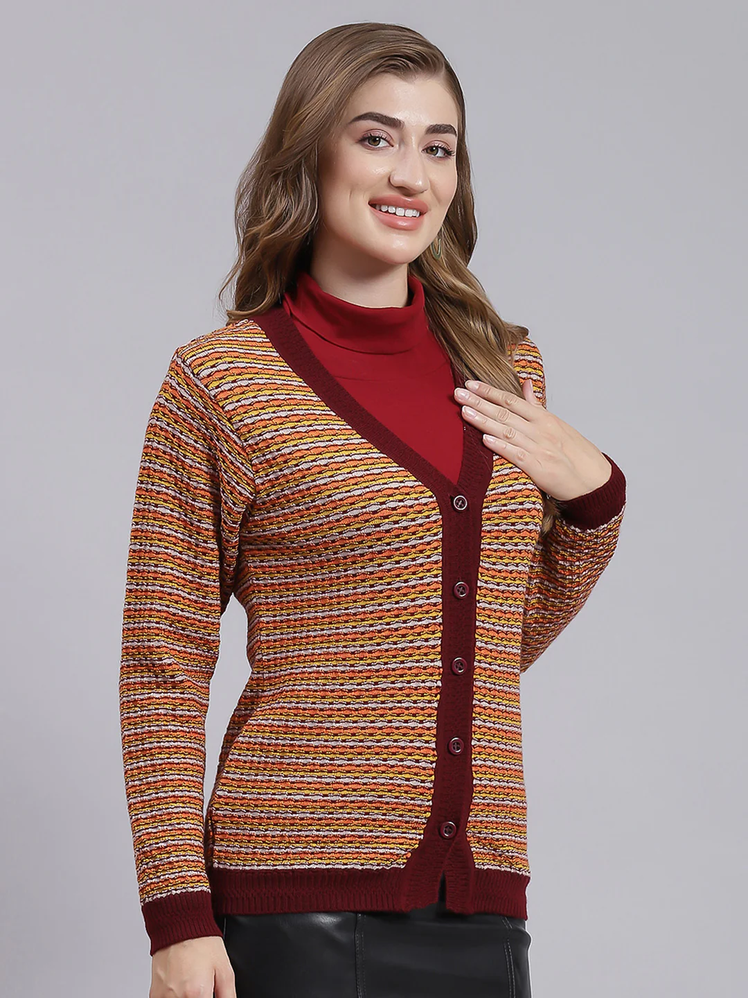 Women Maroon Jaquard Pure wool Cardigan - Image 3