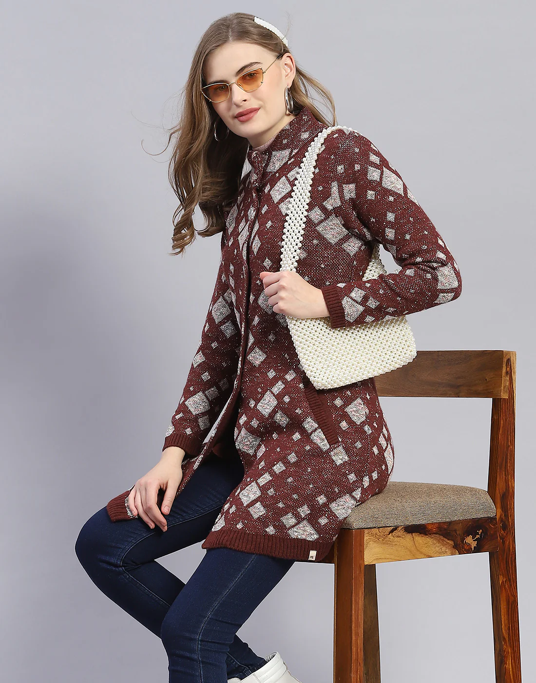 Women Maroon Jaquard Round Neck Full Sleeve Coat - Image 6