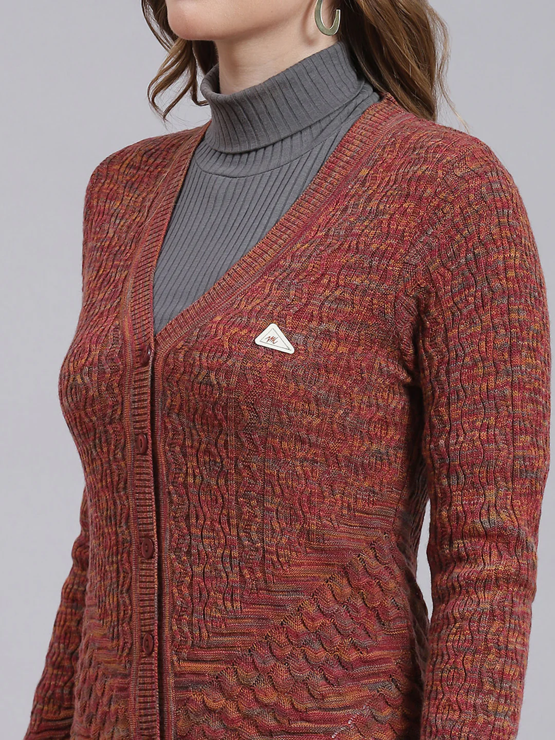 Women Maroon Jaquard Wool blend Cardigan - Image 6