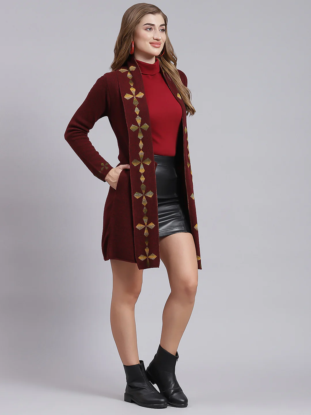 Women Maroon Jaquard Wool blend Cardigan - Image 2