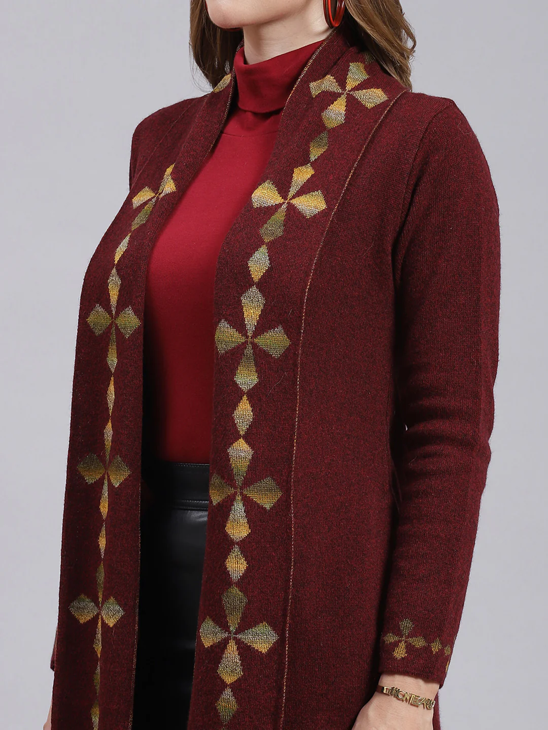 Women Maroon Jaquard Wool blend Cardigan - Image 6